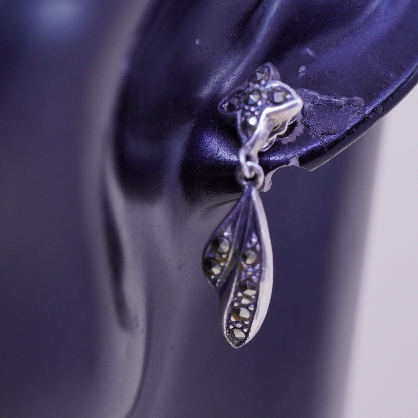 Vintage Sterling silver handmade earrings, 925 clover leaf with marcasite