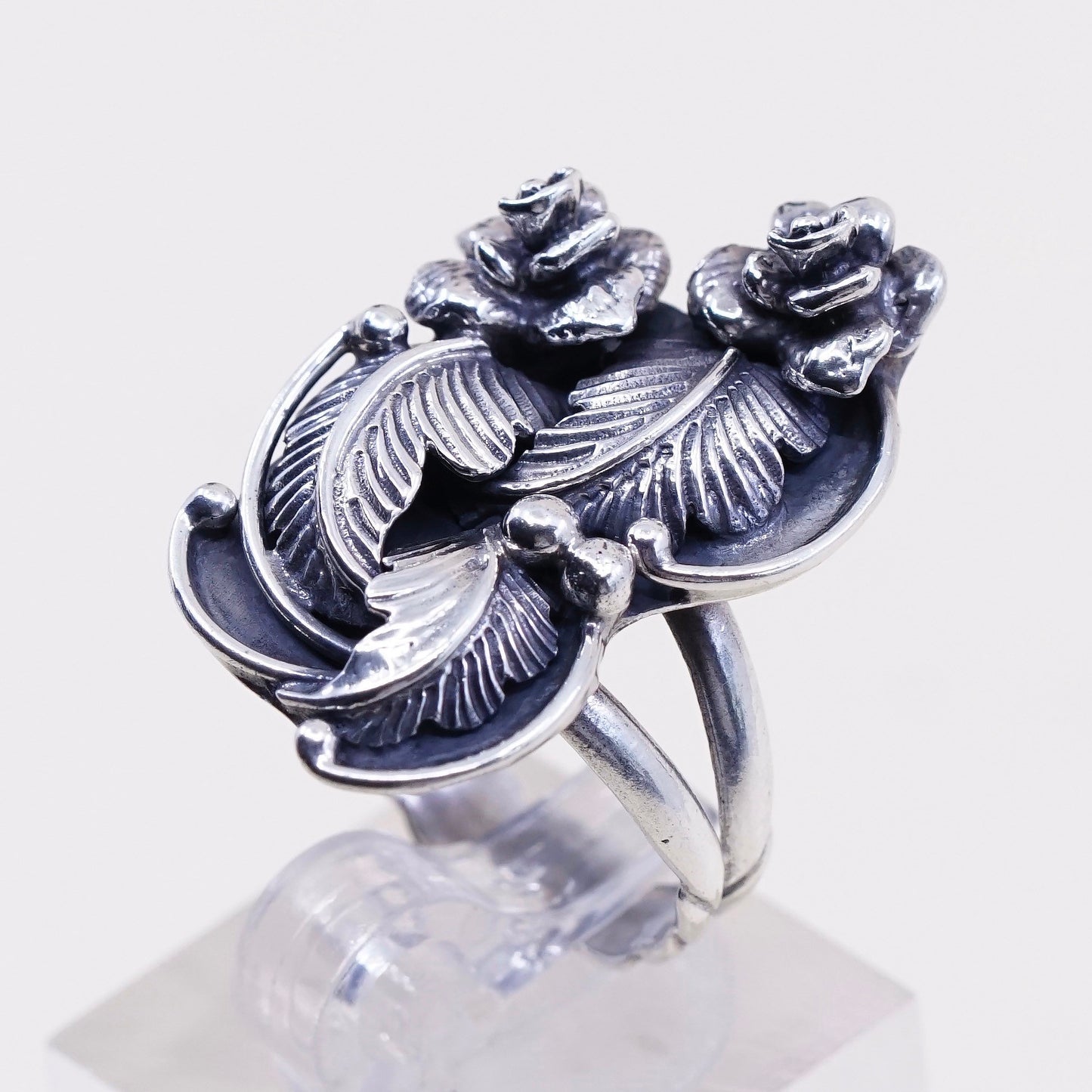 sz 5, Native American Les Baker Sterling silver ring, 925 feather N flower