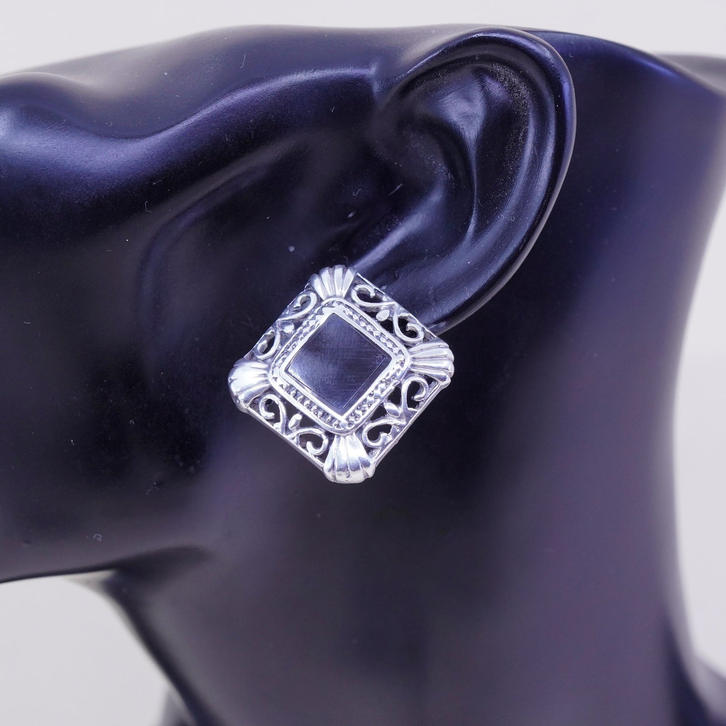Vintage Sterling silver handmade earrings, filigree 925 studs with square onyx