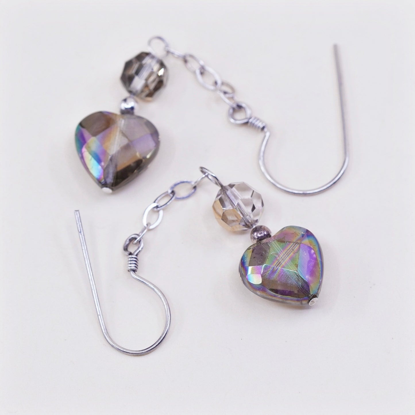 Vintage sterling 925 silver handmade earrings with heart crystal drops