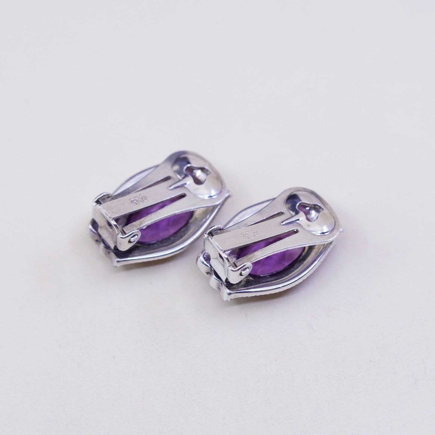 Vintage Sterling 925 silver handmade clip on earrings w/ amethyst and Marcasite