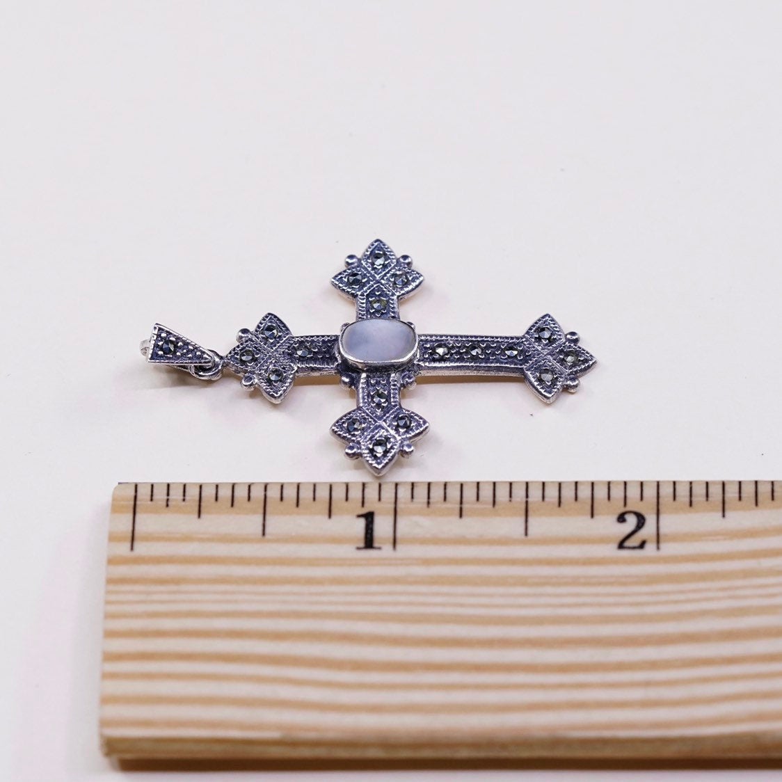 vtg handmade sterling silver cross, 925 with marcasite and mother of pearl