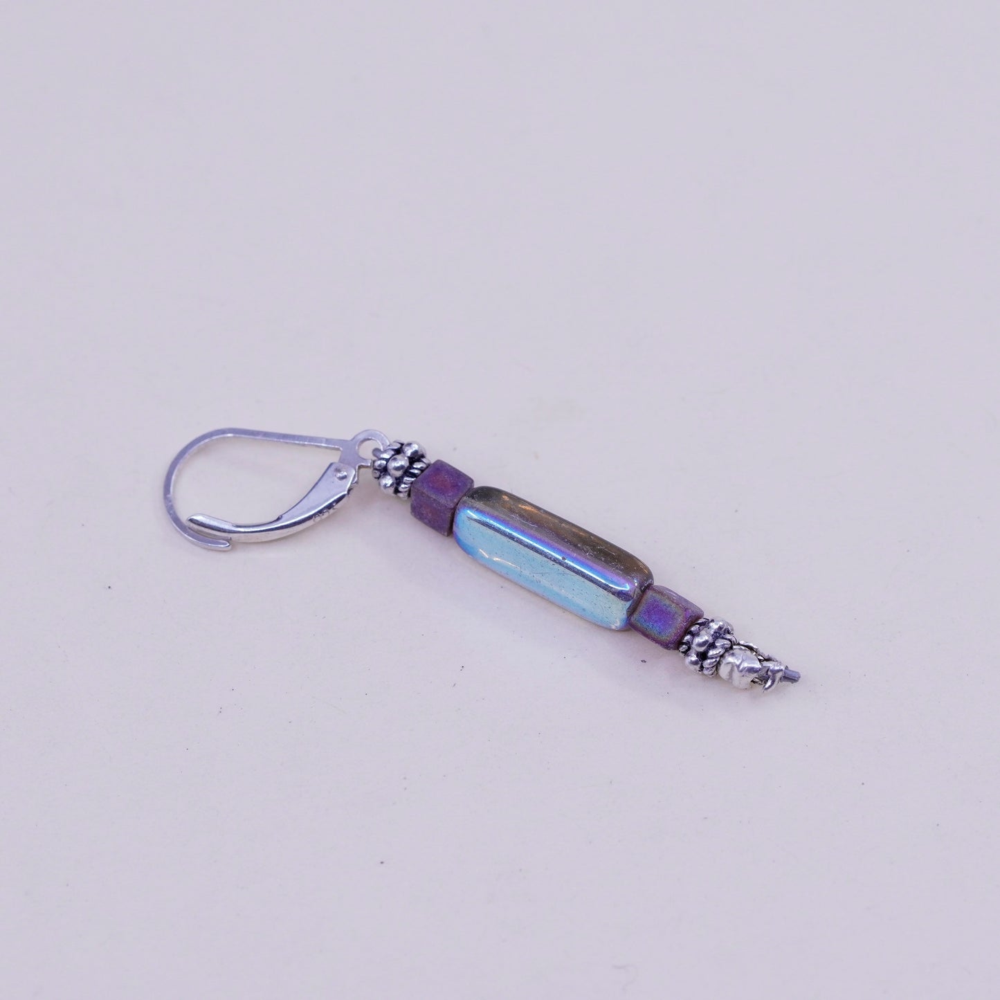 Vintage Sterling 925 silver handmade earrings with artisan glass tube amethyst