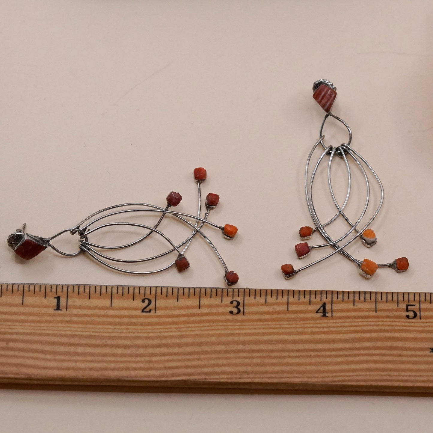 Native American sterling 925 silver earrings coral beads, handmade southwestern