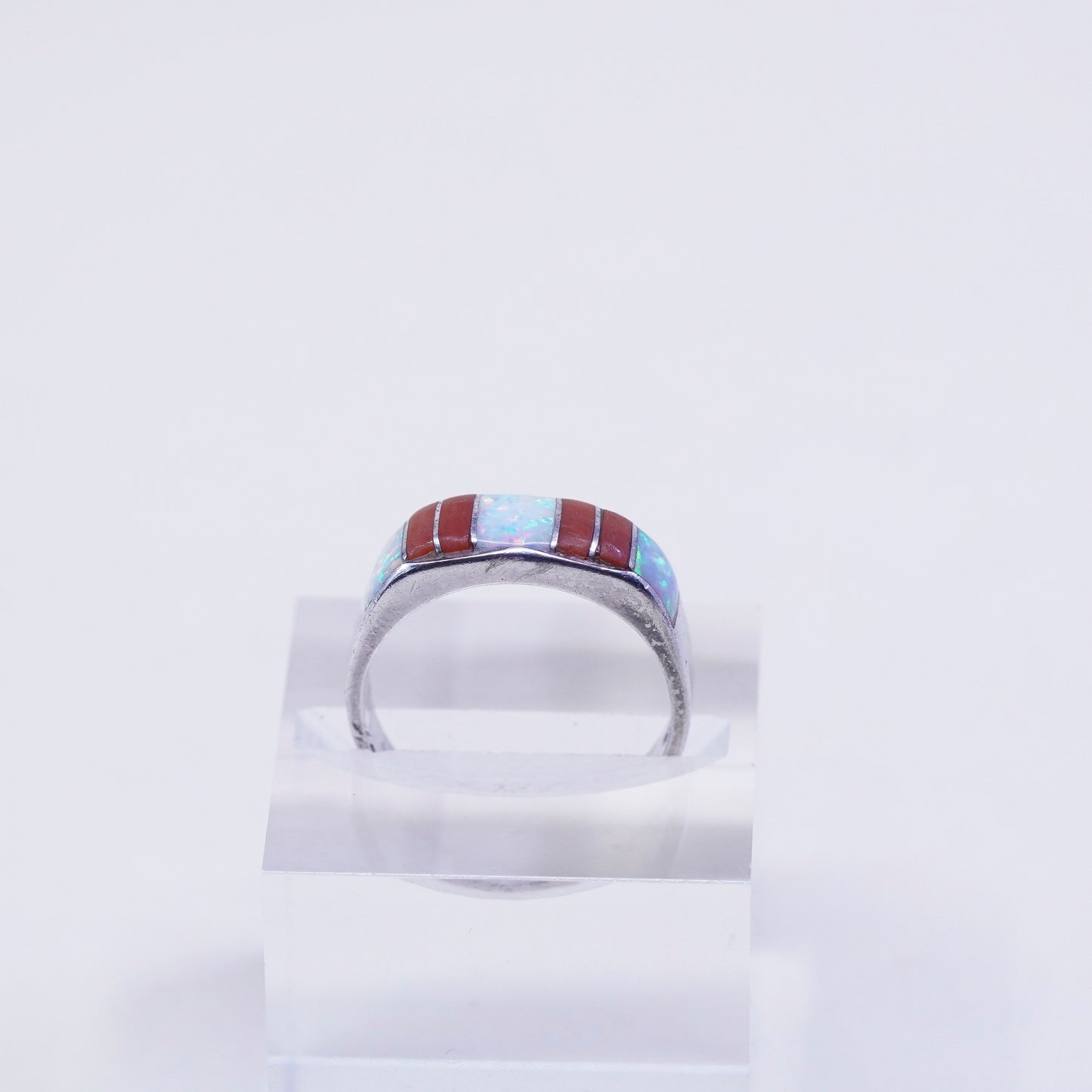 sz 9.25, vtg zuni Sterling silver handmade ring, 925 band w/ fire opal N coral