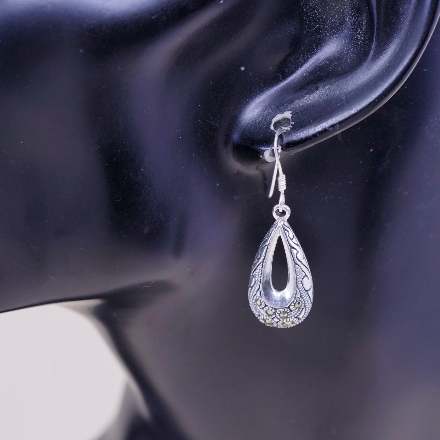 Vintage Sterling silver handmade earrings, 925 teardrop with marcasite