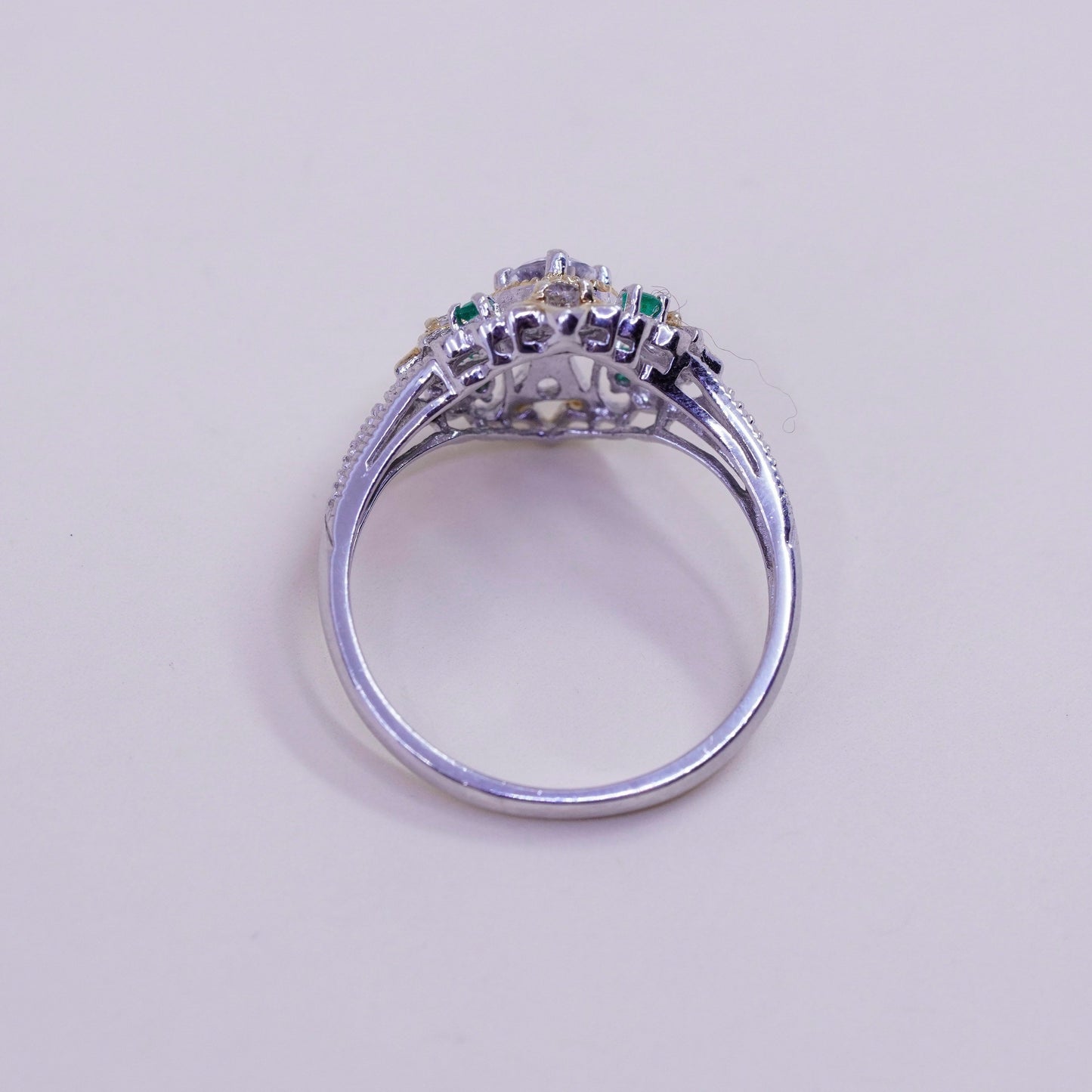 Size 9.25, vtg sterling 925 silver filigree engagement ring with peridot and cz
