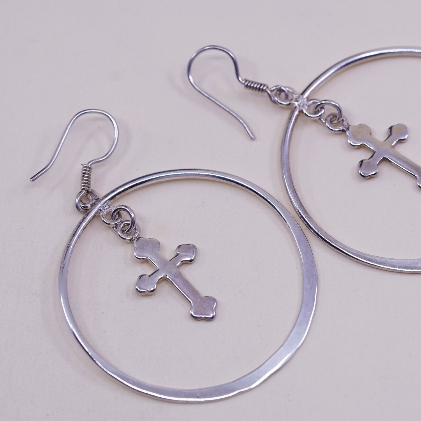 Vintage Sterling silver handmade earrings, huge 925 hoops with cross charms
