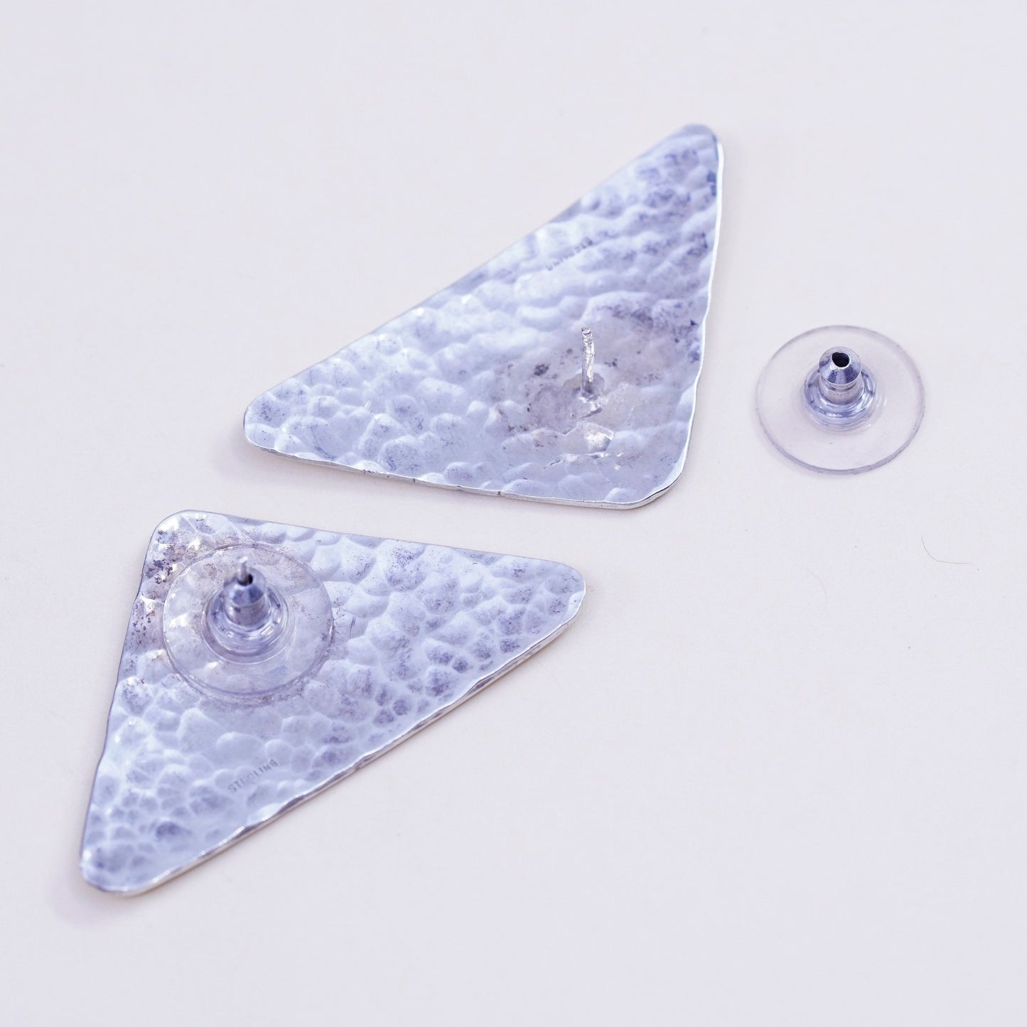 Vintage Sterling silver handmade earrings, 925 triangular hammered studs