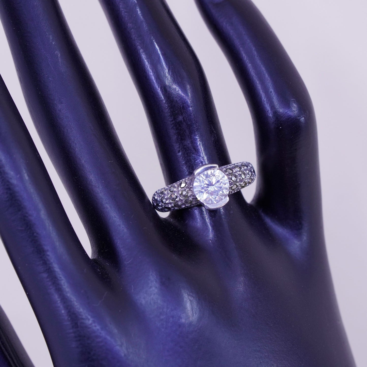 Size 7.5, Sterling silver handmade ring, 925 with CZ and marcasite