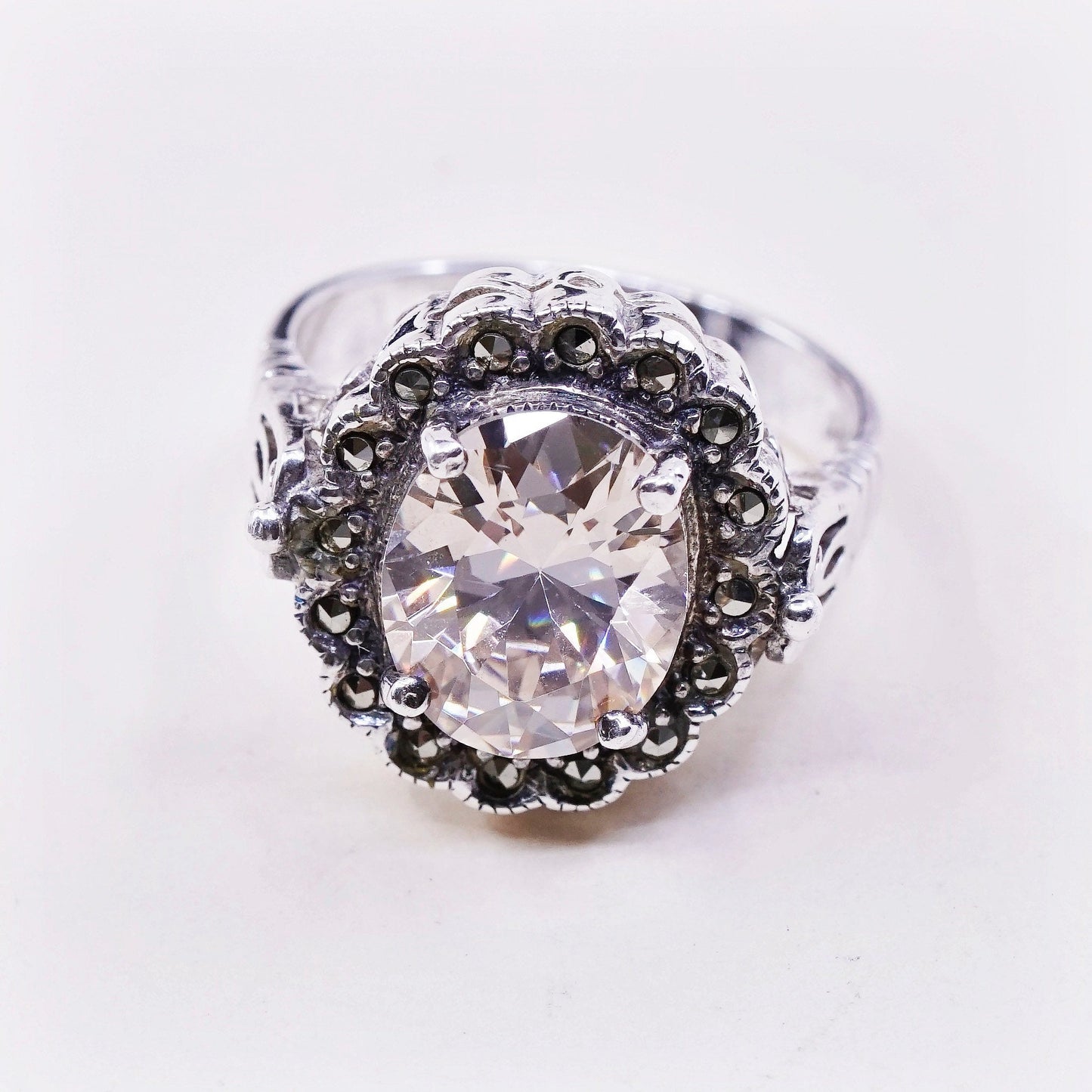 sz 8.5, vtg Sterling 925 silver handmade cocktail ring w/ citrine N marcasite