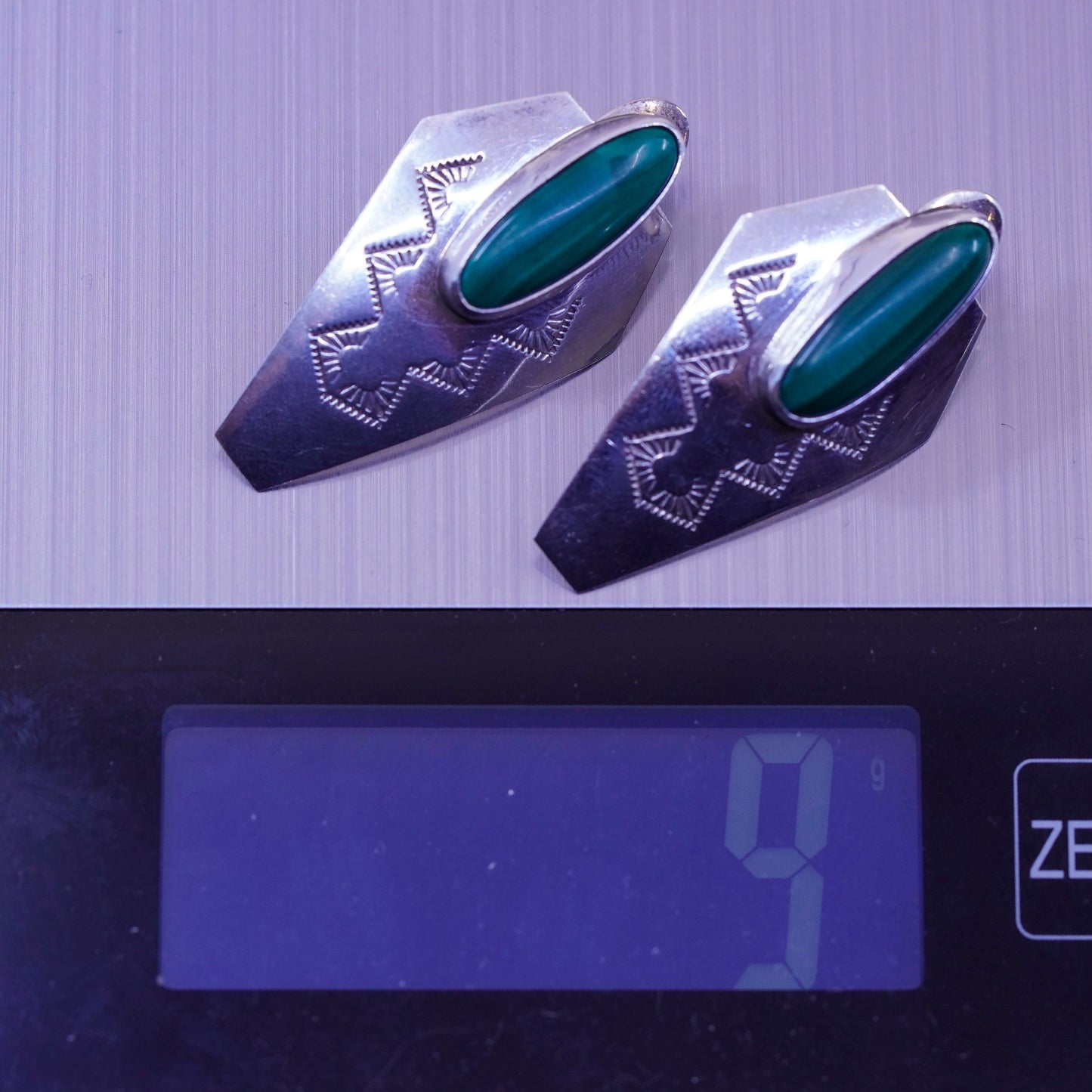 vtg Murray Jackson Native American sterling silver handmade malachite earrings