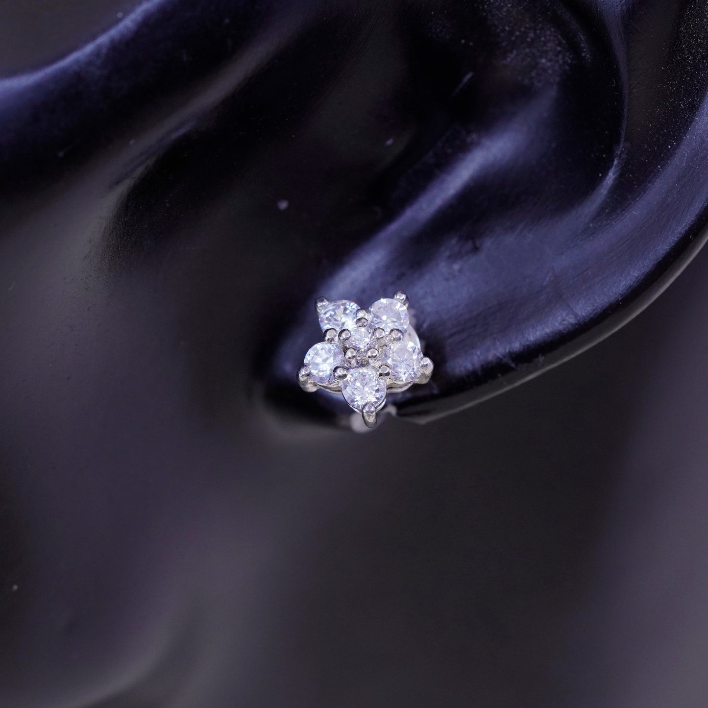Vintage Sterling silver handmade earrings, 925 flower studs with cz