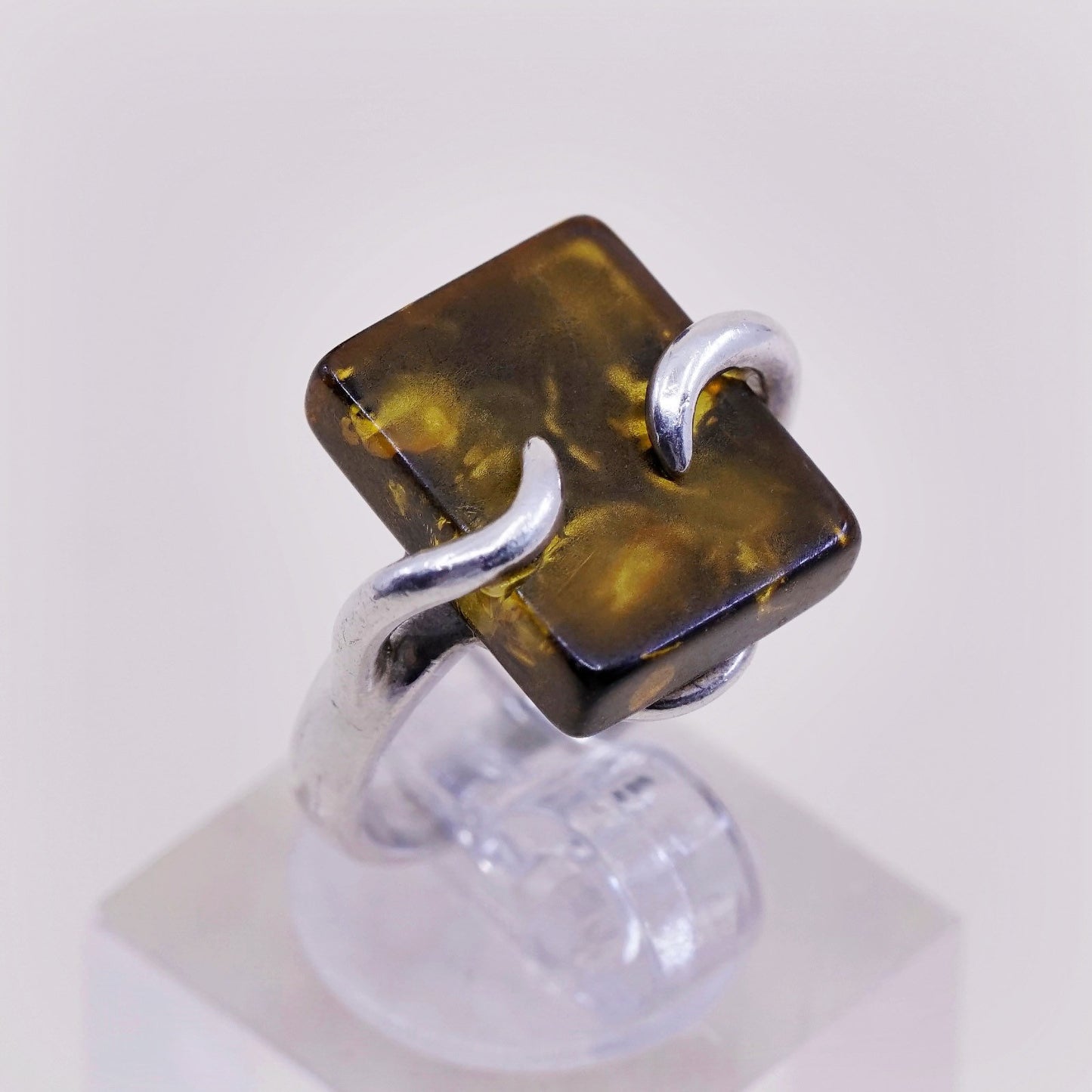 Size 3.25, Vintage sterling silver handmade ring, Mexico 925 with Amber