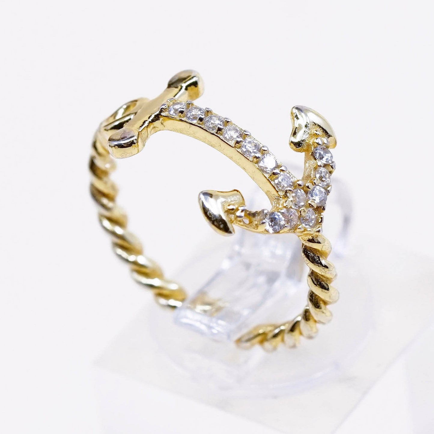 Size 6.75, vtg vermeil gold Sterling silver ring, 925 anchor band w/ cluster Cz