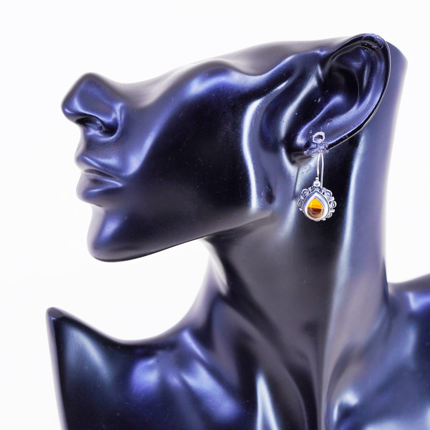 Vintage sterling 925 silver handmade earrings with teardrop Amber
