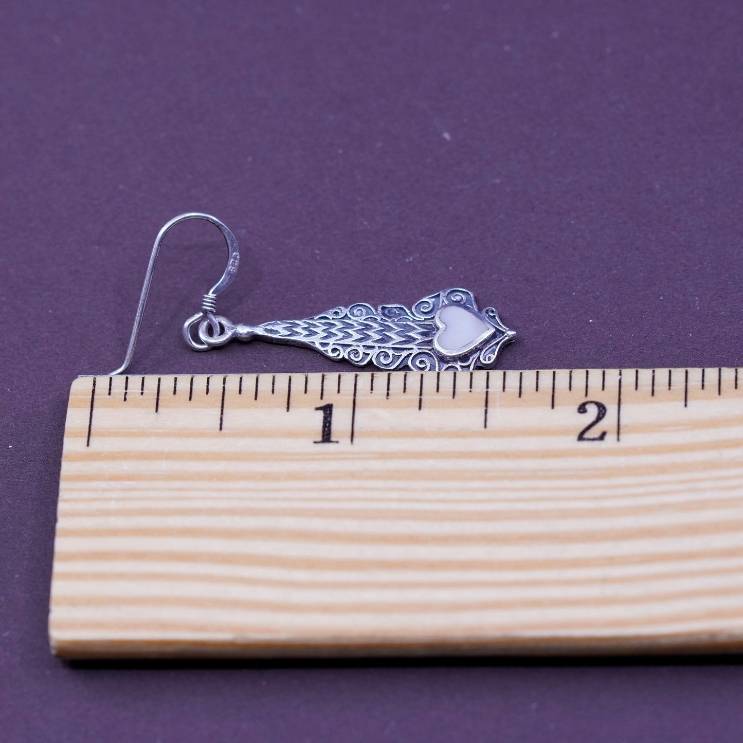 Sterling silver handmade earrings filigree 925 dangles w/ heart mother of pearl