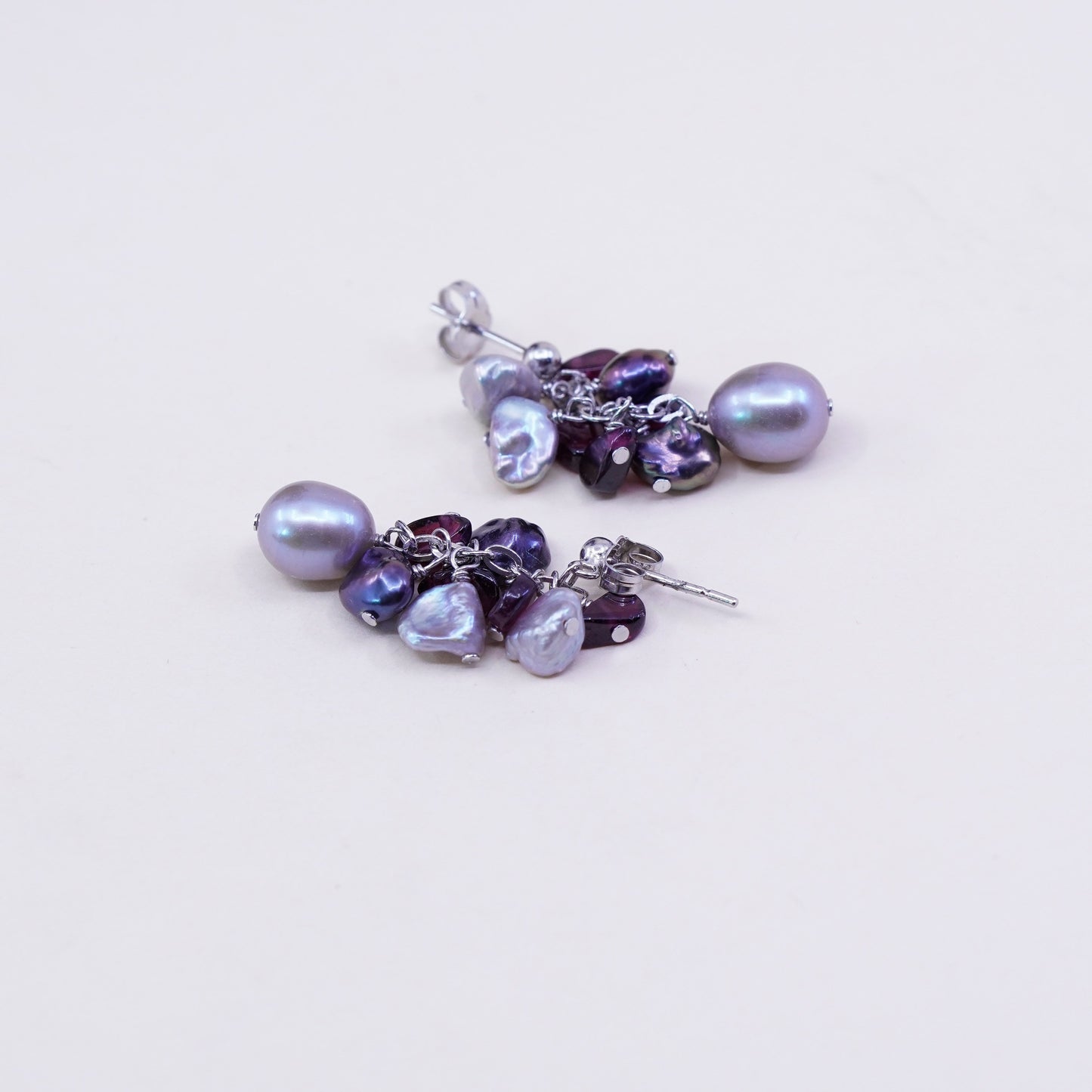 Sterling 925 silver handmade earrings with cluster gray pearl amethyst nuggets