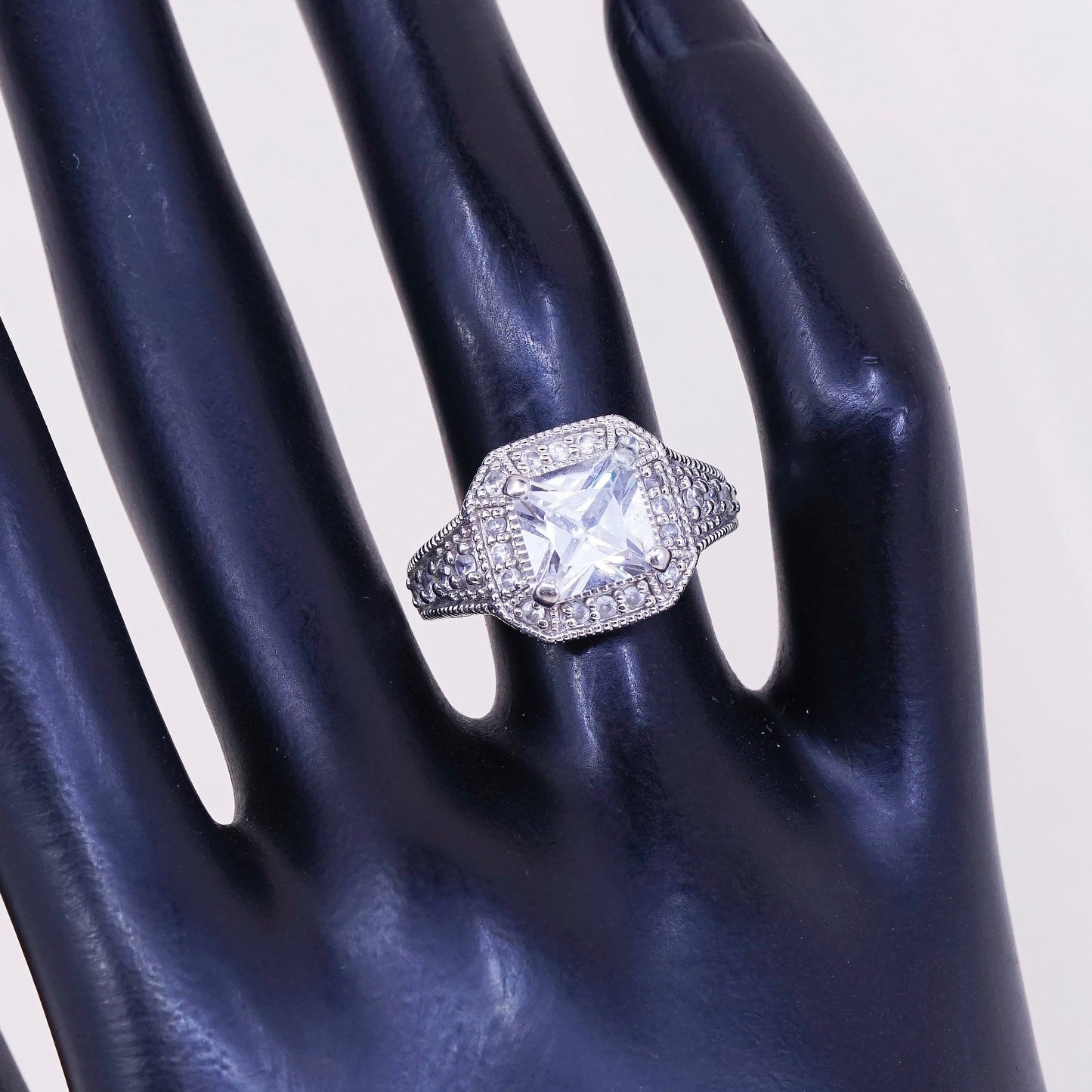 sz 5.5, vtg jewelry, sterling 925 silver cluster crystal engagement ring