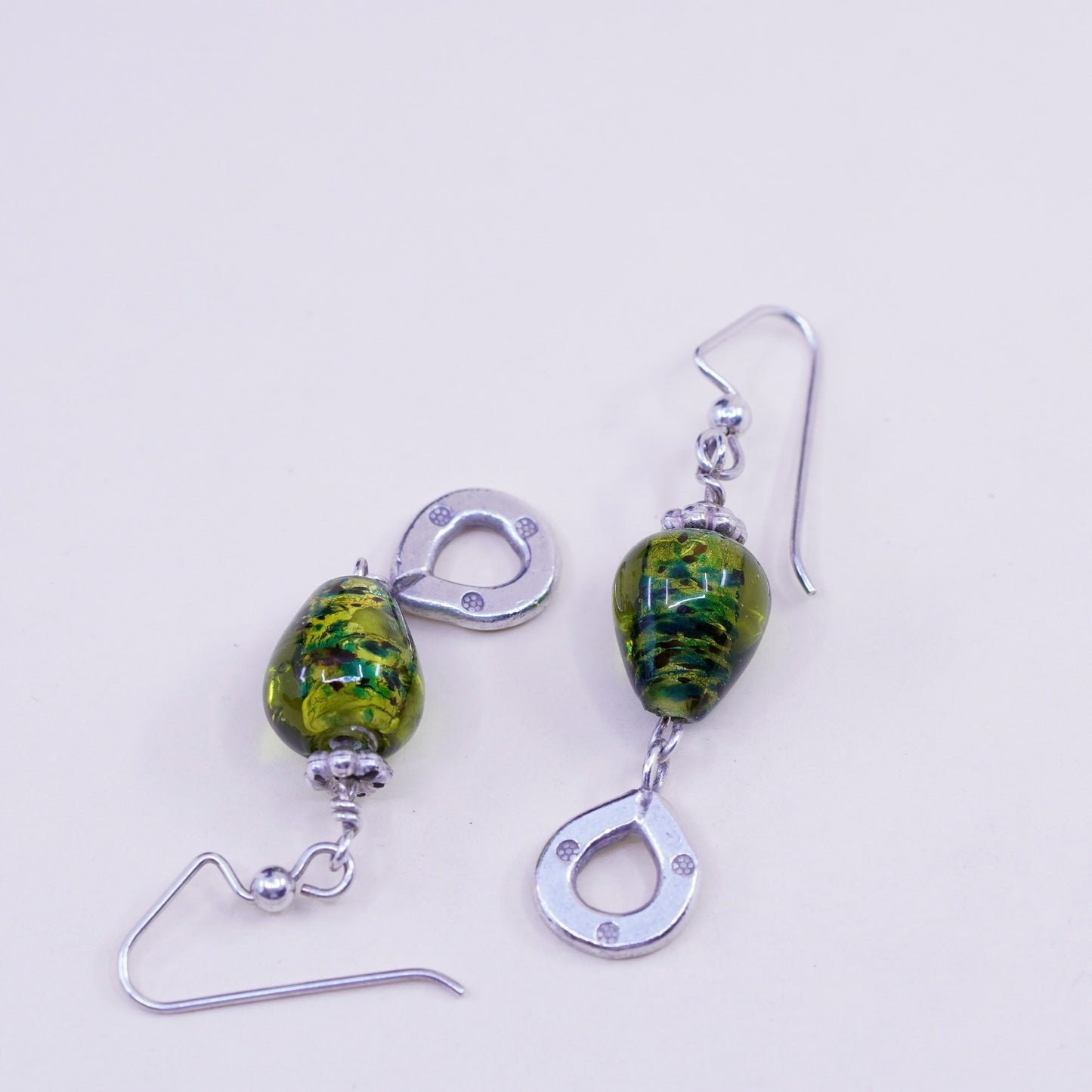 Vintage Sterling 925 silver handmade earrings with green teardrop glass dangles
