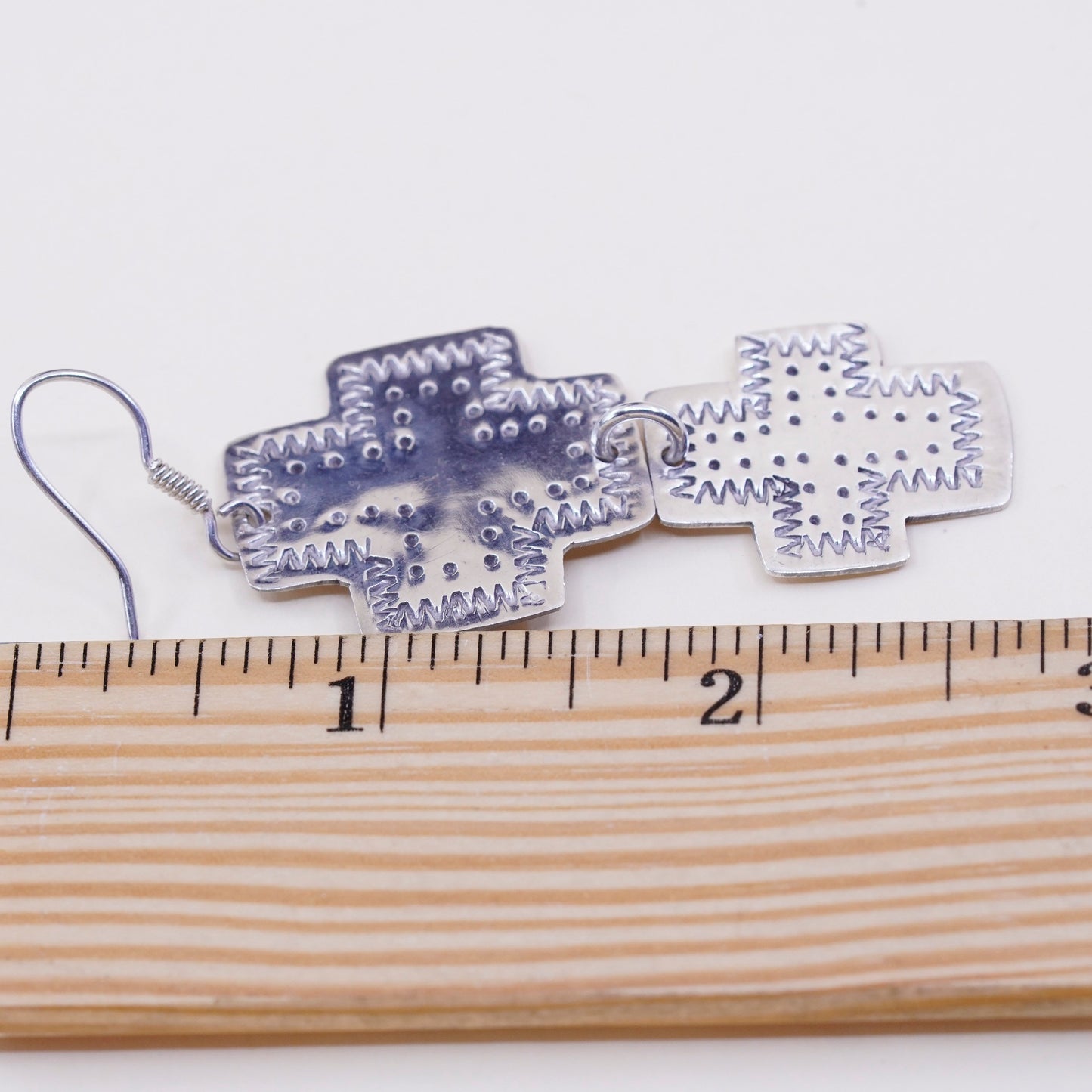 Vintage Sterling silver handmade earrings, huge textured 925 cross dangles