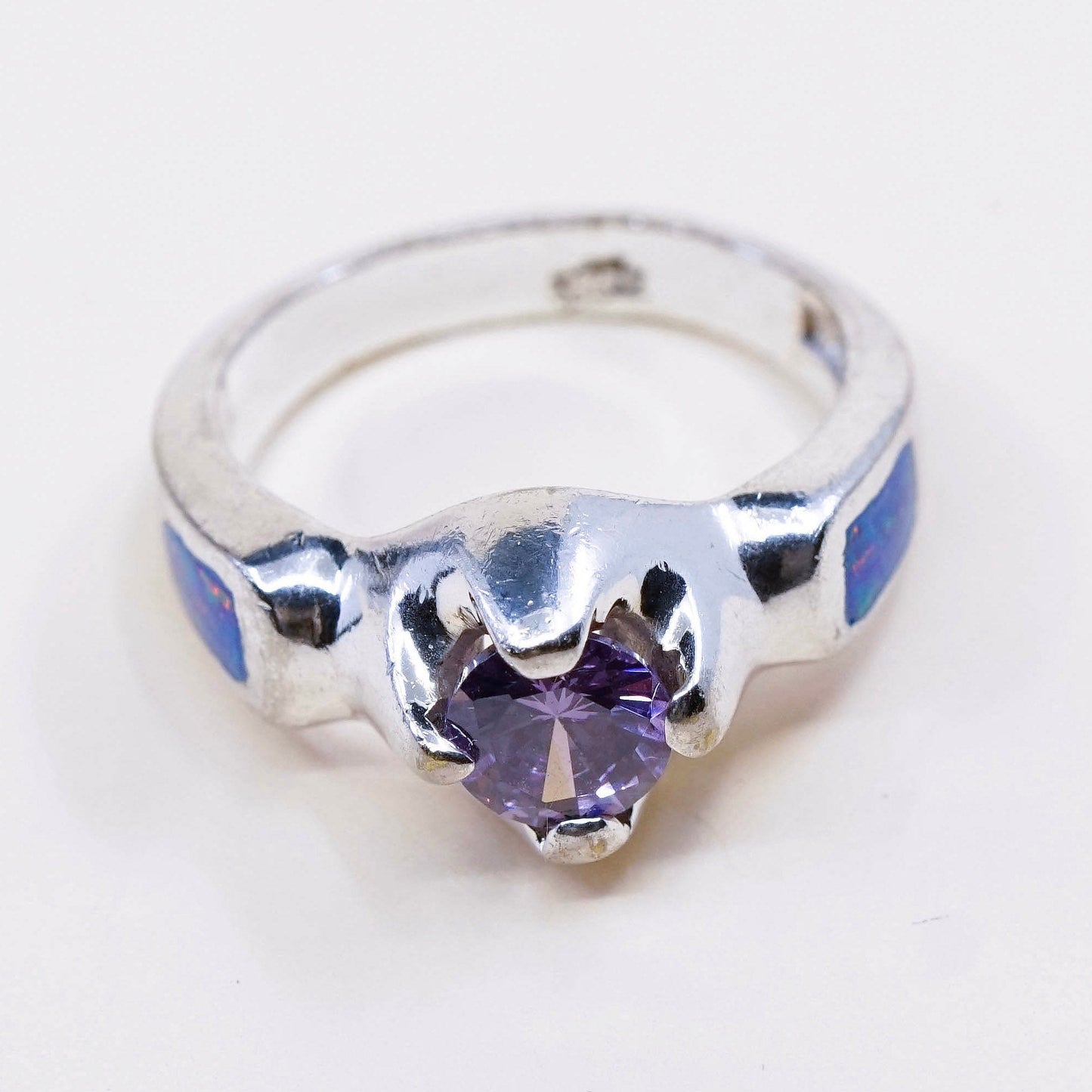 sz 6.25, vintage Sterling silver handmade ring, 925 band w/ opal N amethyst