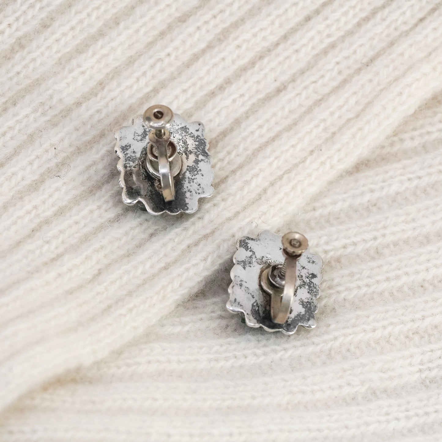 Vintage sterling 925 silver handmade screw back earrings with jade inlay