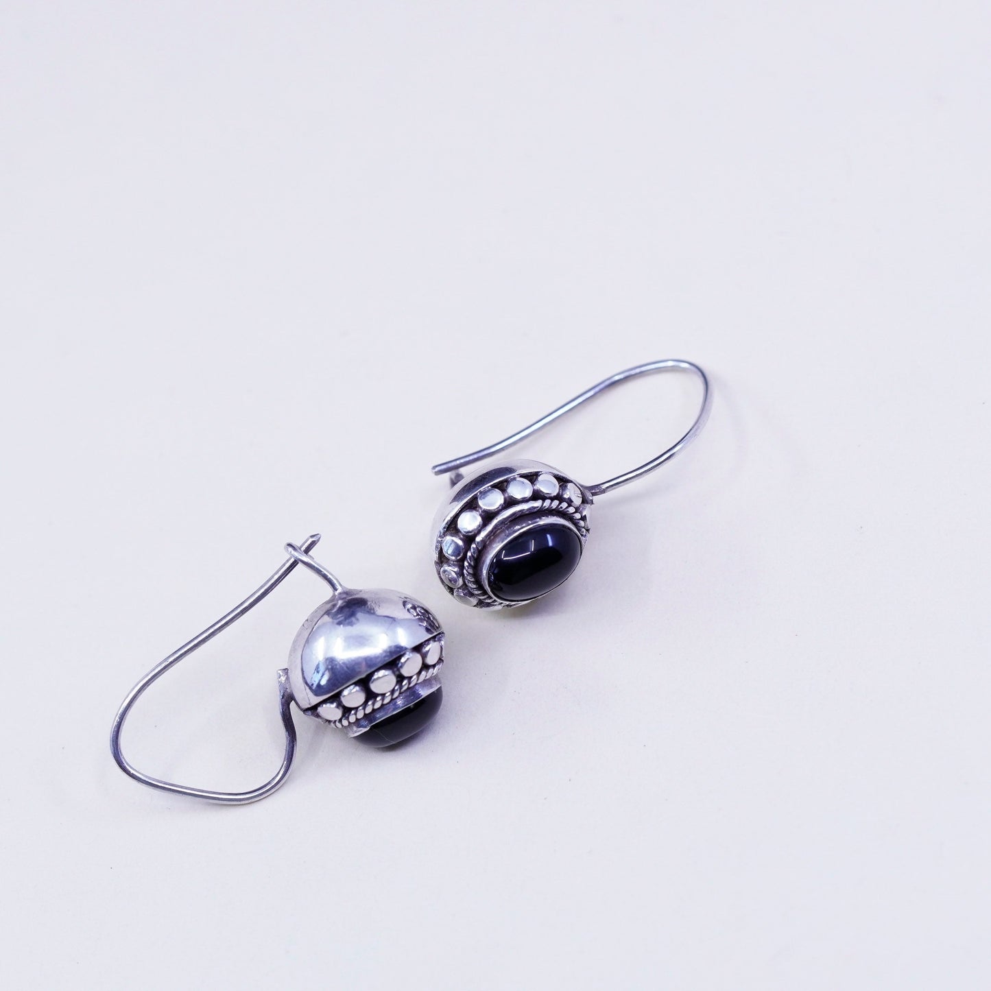 Vintage Sterling 925 silver handmade earrings with oval obsidian drops, elegant