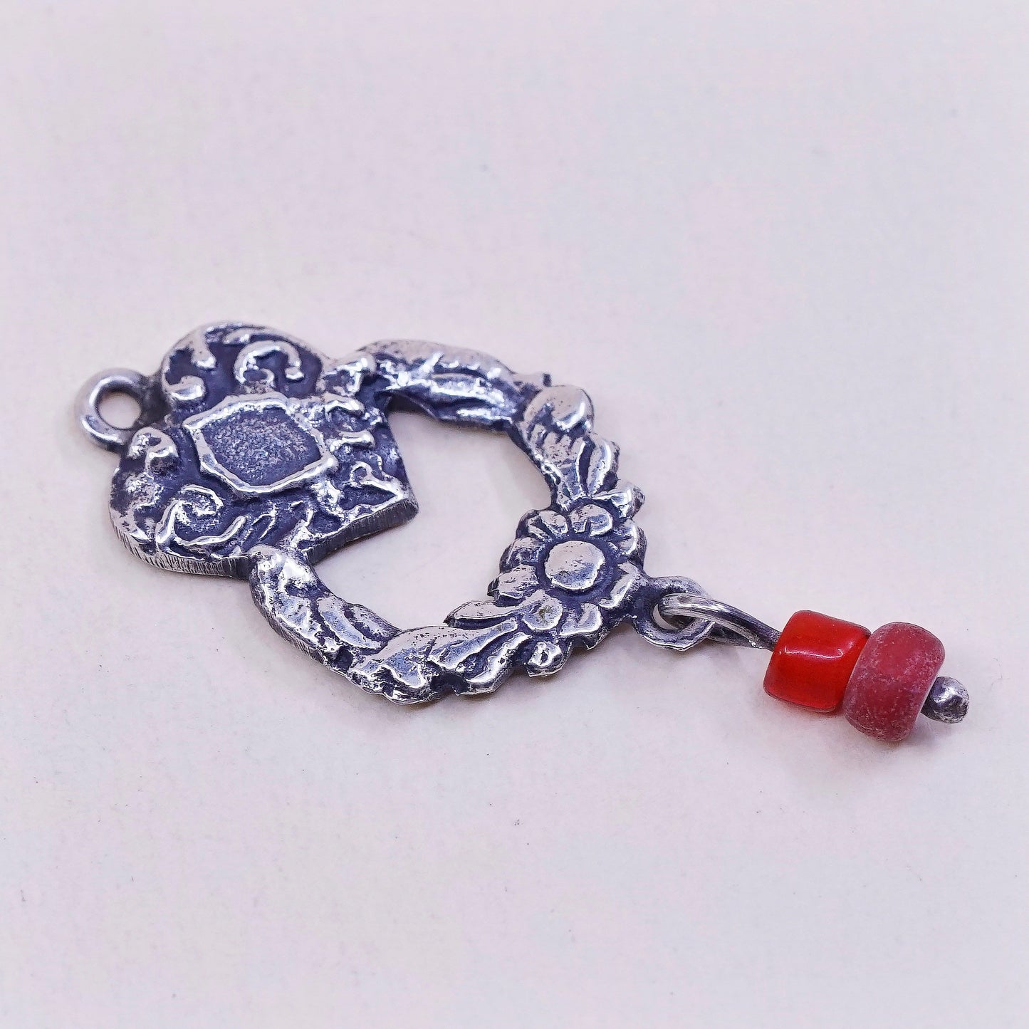 VTG handmade sterling silver charm, 925 heart pendant W/ coral, silver tested