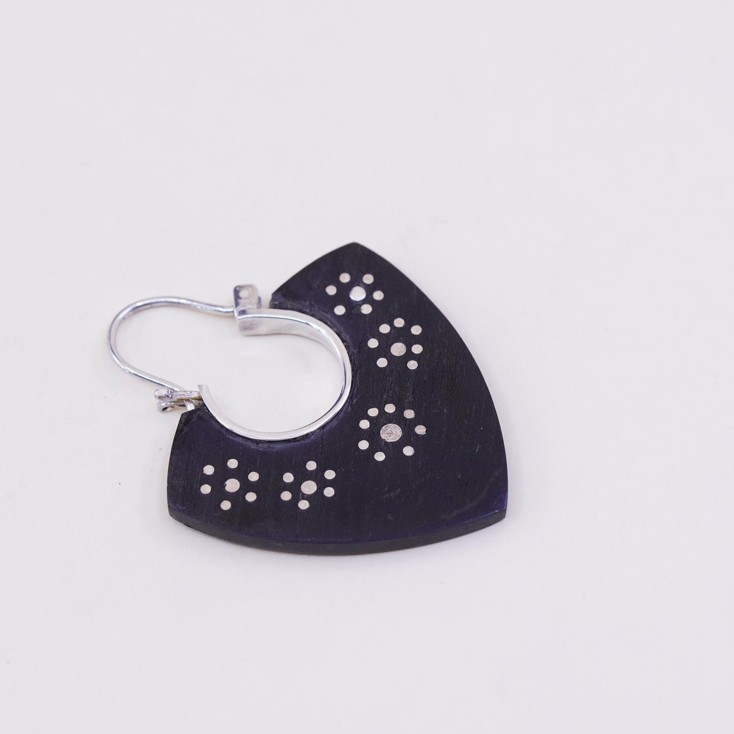 Vintage sterling 925 silver handmade earrings with black wood and flower dots