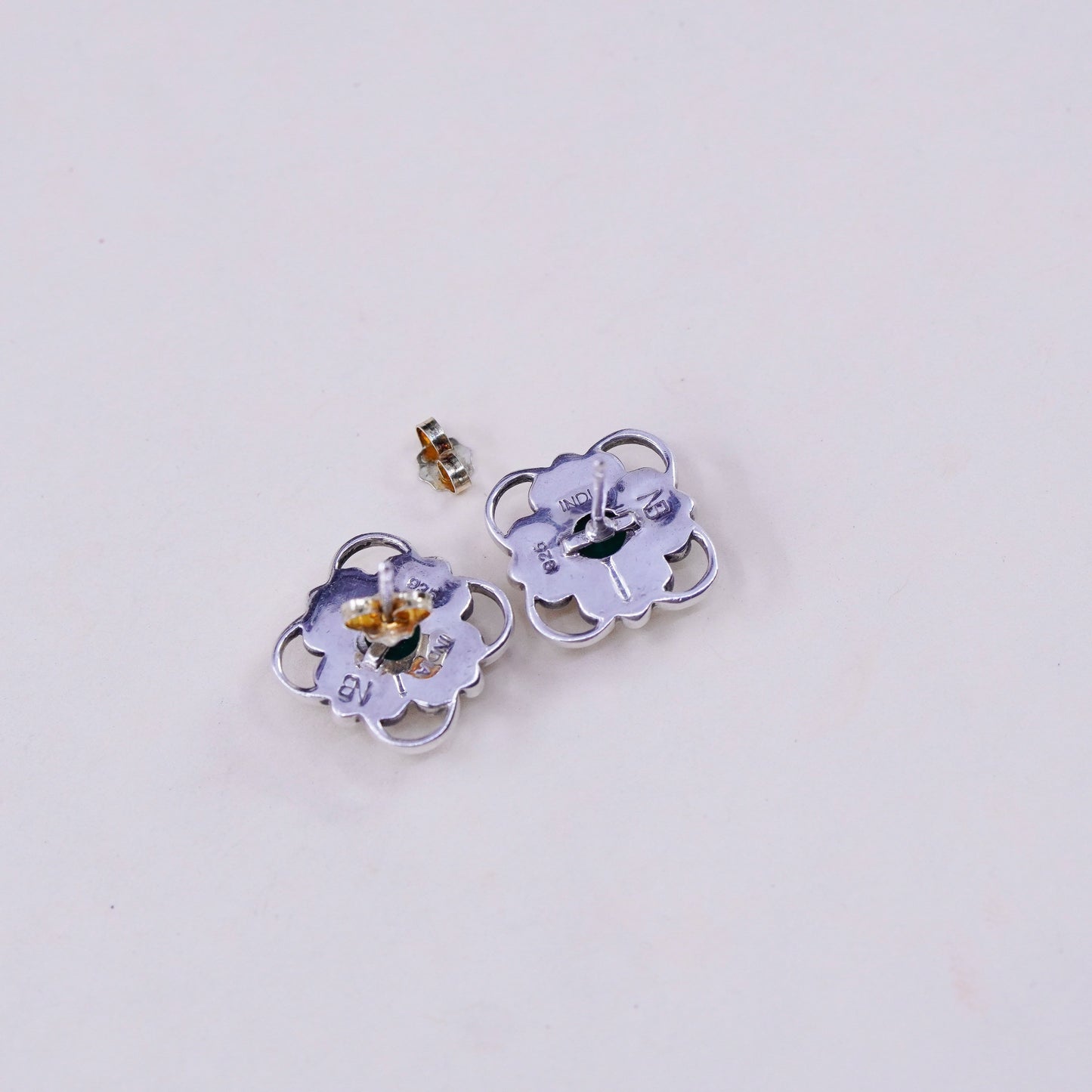Vintage sterling 925 silver studs, minimalist earrings with emerald