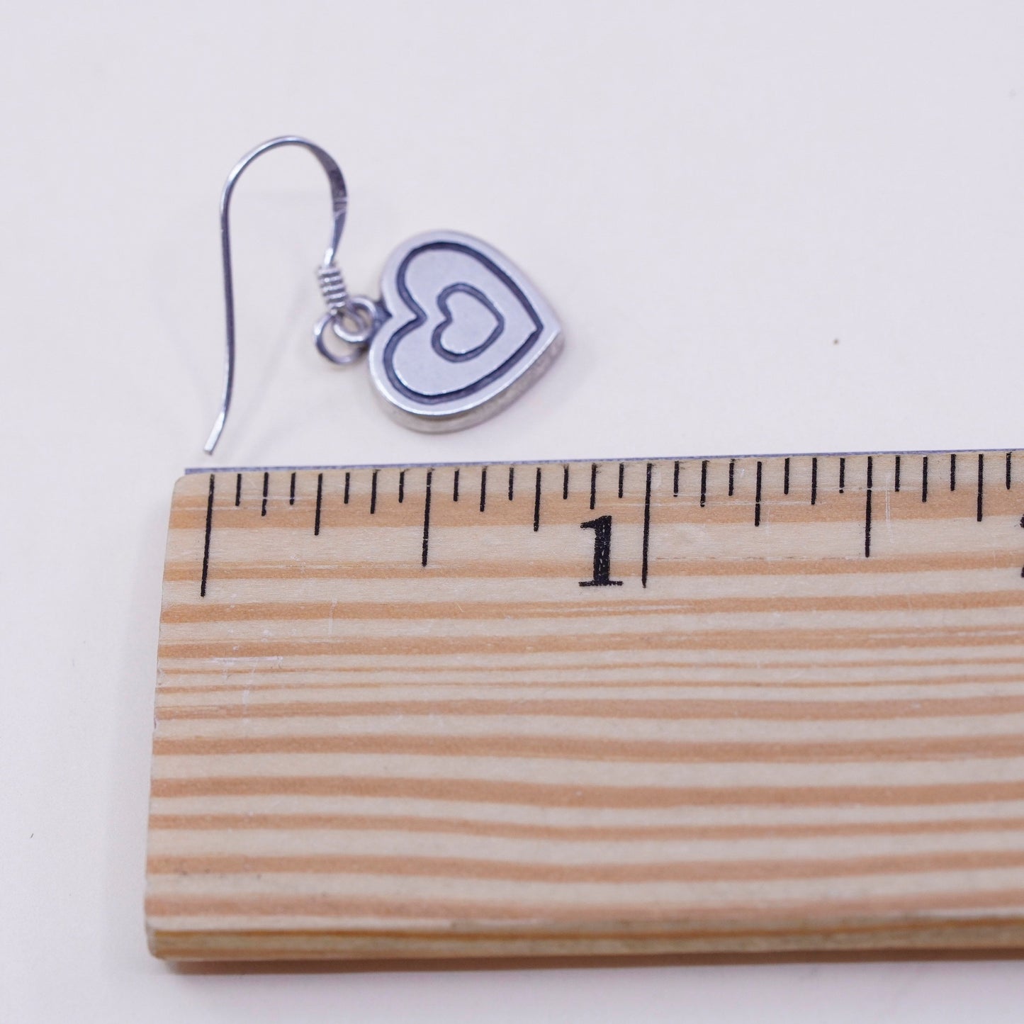Vintage sterling silver handmade earrings, 925 heart dangles, stamped 925 NF