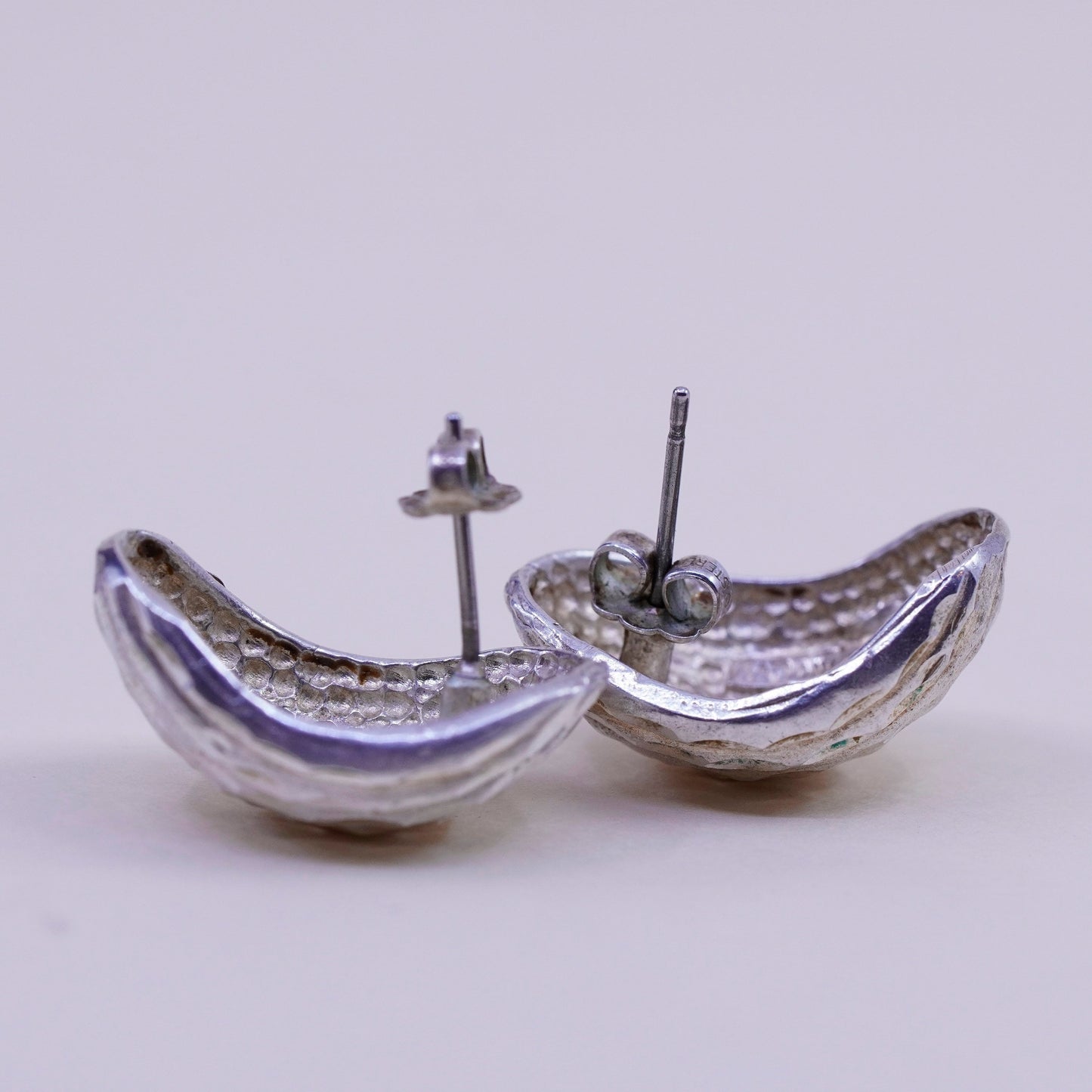 Vintage sterling silver handmade huggie studs, textured 925 earrings
