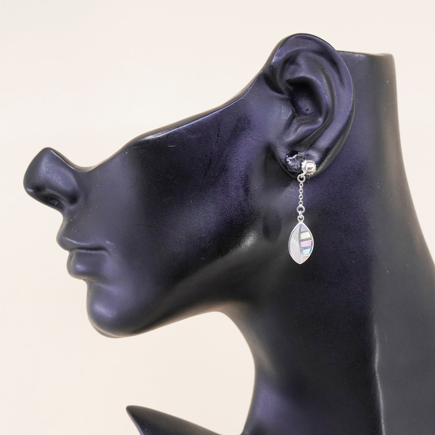 Vintage sterling 925 silver drop earrings, 925 leaf with Mother of pearl inlay