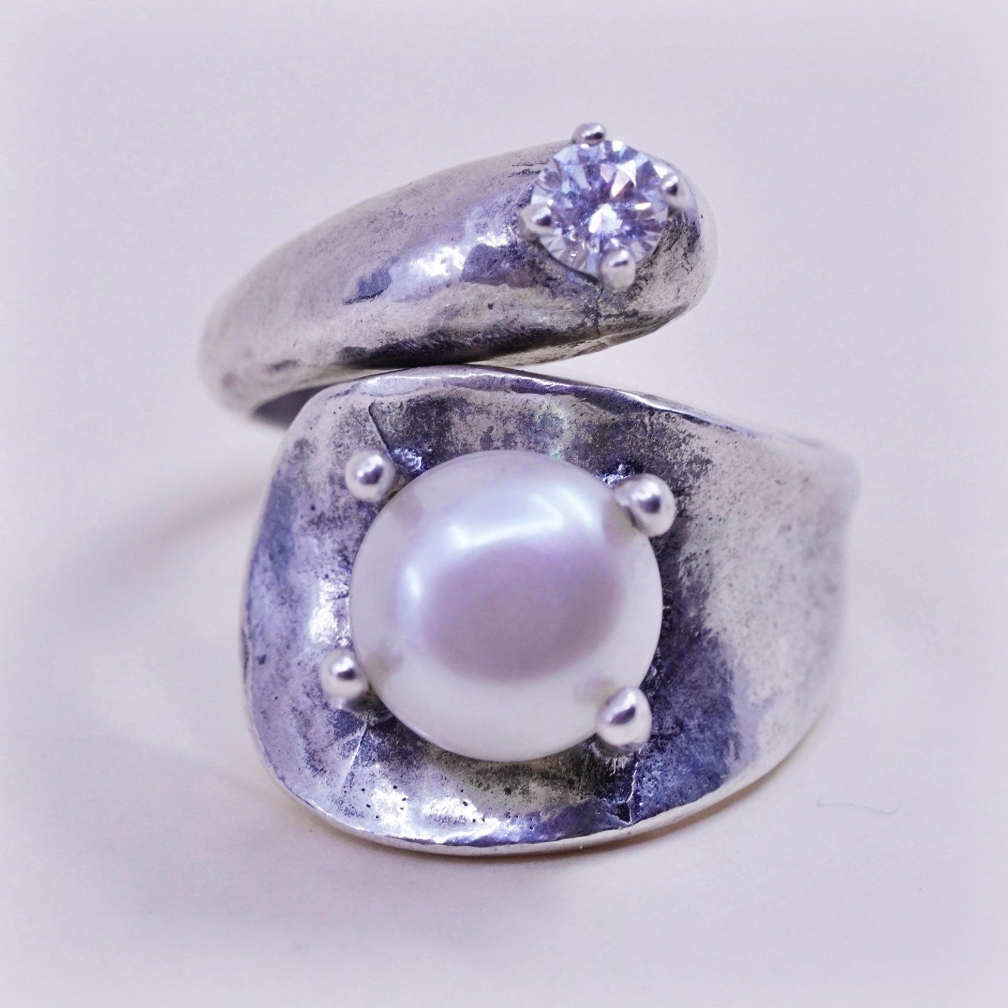 Size 7, vintage Sterling silver handmade ring, modern 925 band with pearl cz