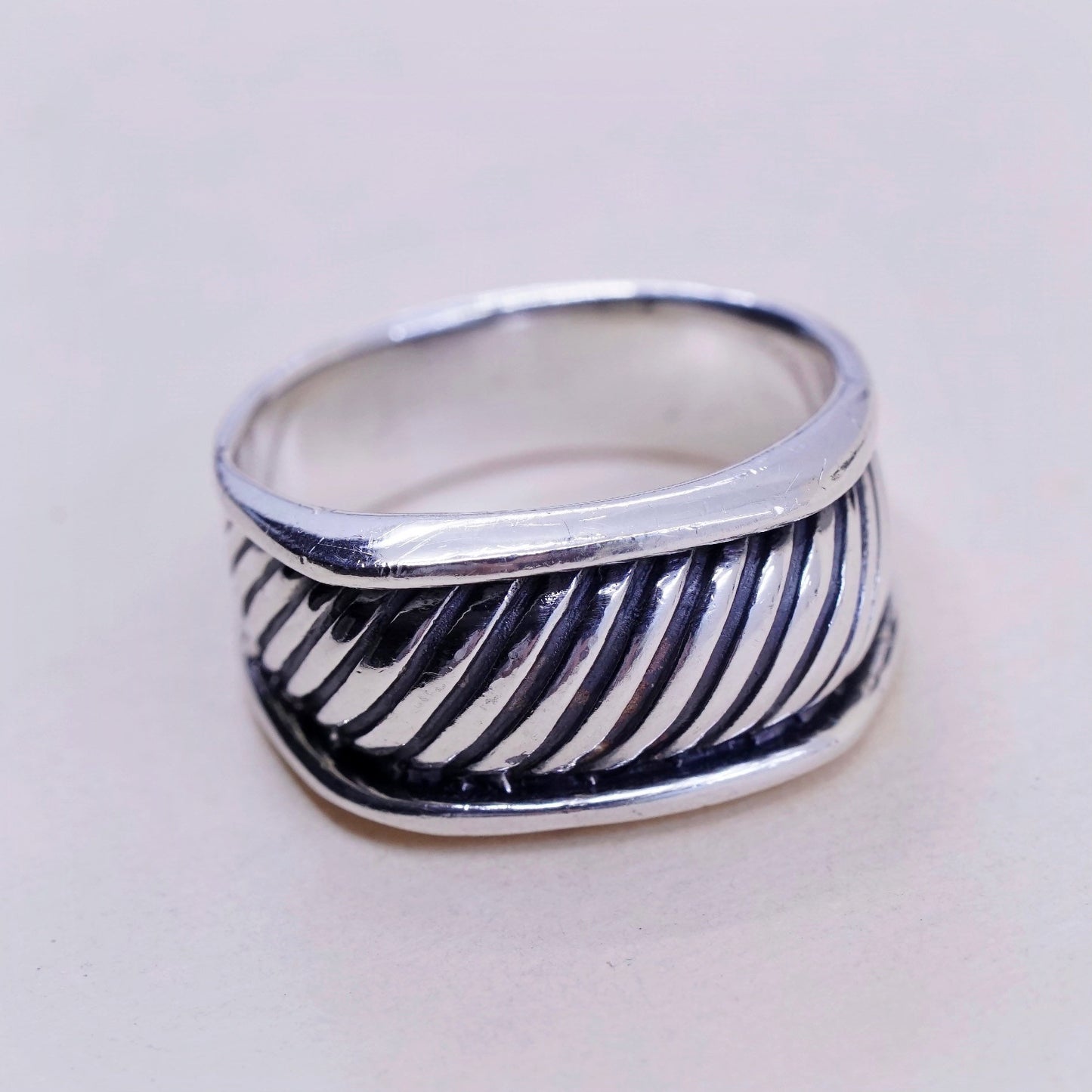 Size 9.25, vtg sterling silver handmade statement ring, 925 cable ribbed band