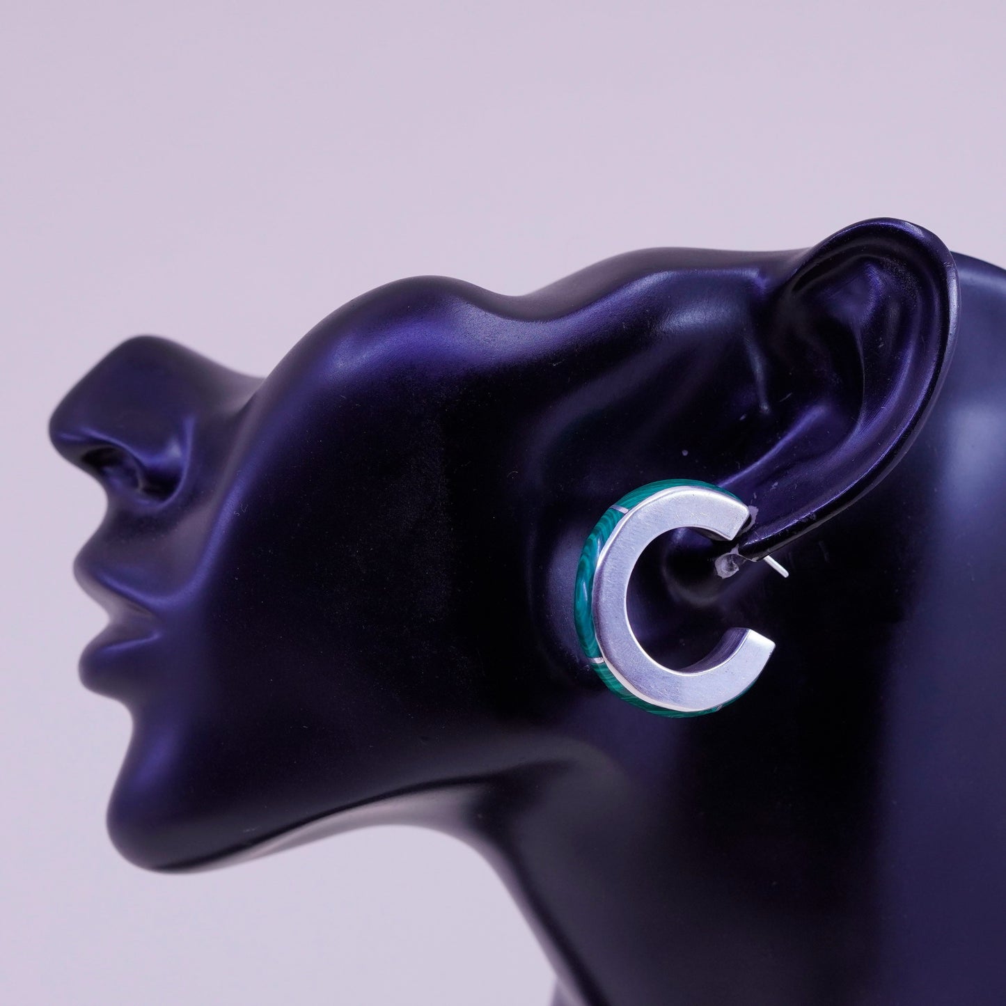 1.25”, vintage Sterling 925 silver handmade huggie hoops earrings w/ malachite