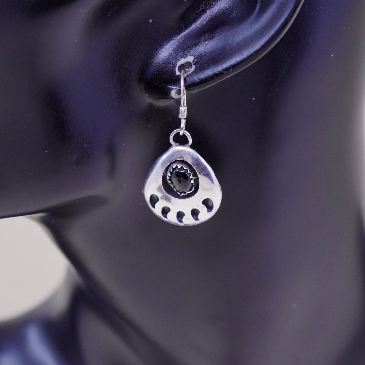Native American Sterling silver earrings, teardrop 925 bear paw w/ obsidian