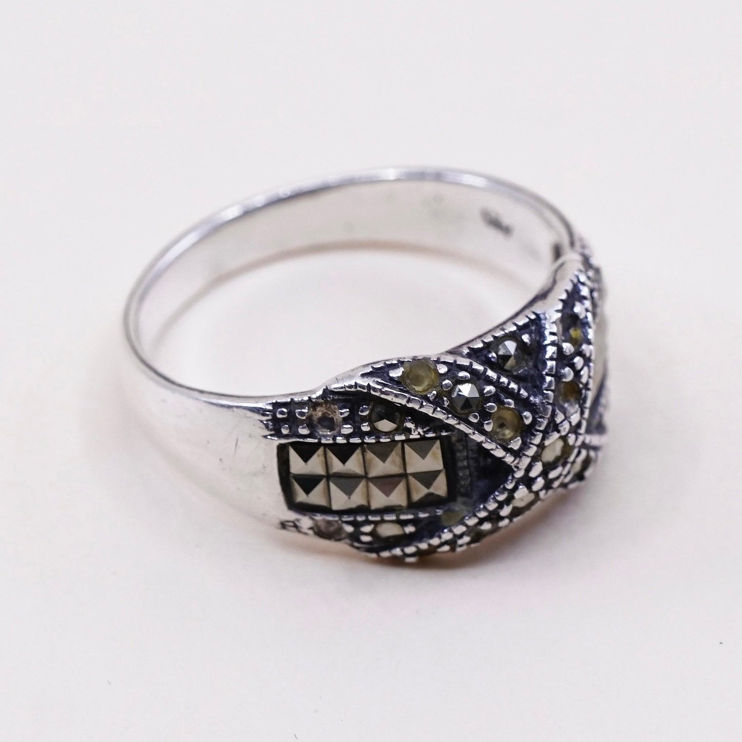sz 9, vtg Sterling silver handmade ring, 925 cross band w/ beads, stamped 925