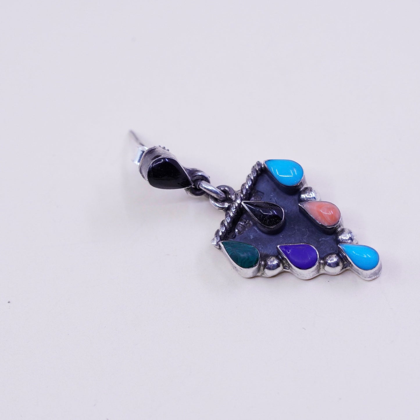 Vintage Sterling 925 silver handmade earrings with onyx, coral and malachite, stamped 925 mexico TJ-51