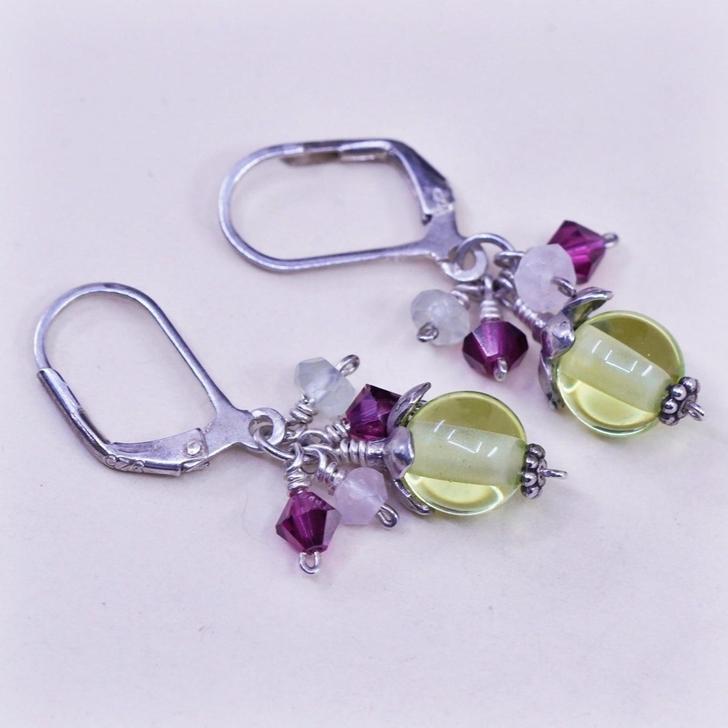Vintage Sterling 925 silver handmade earrings with cluster green glass beads