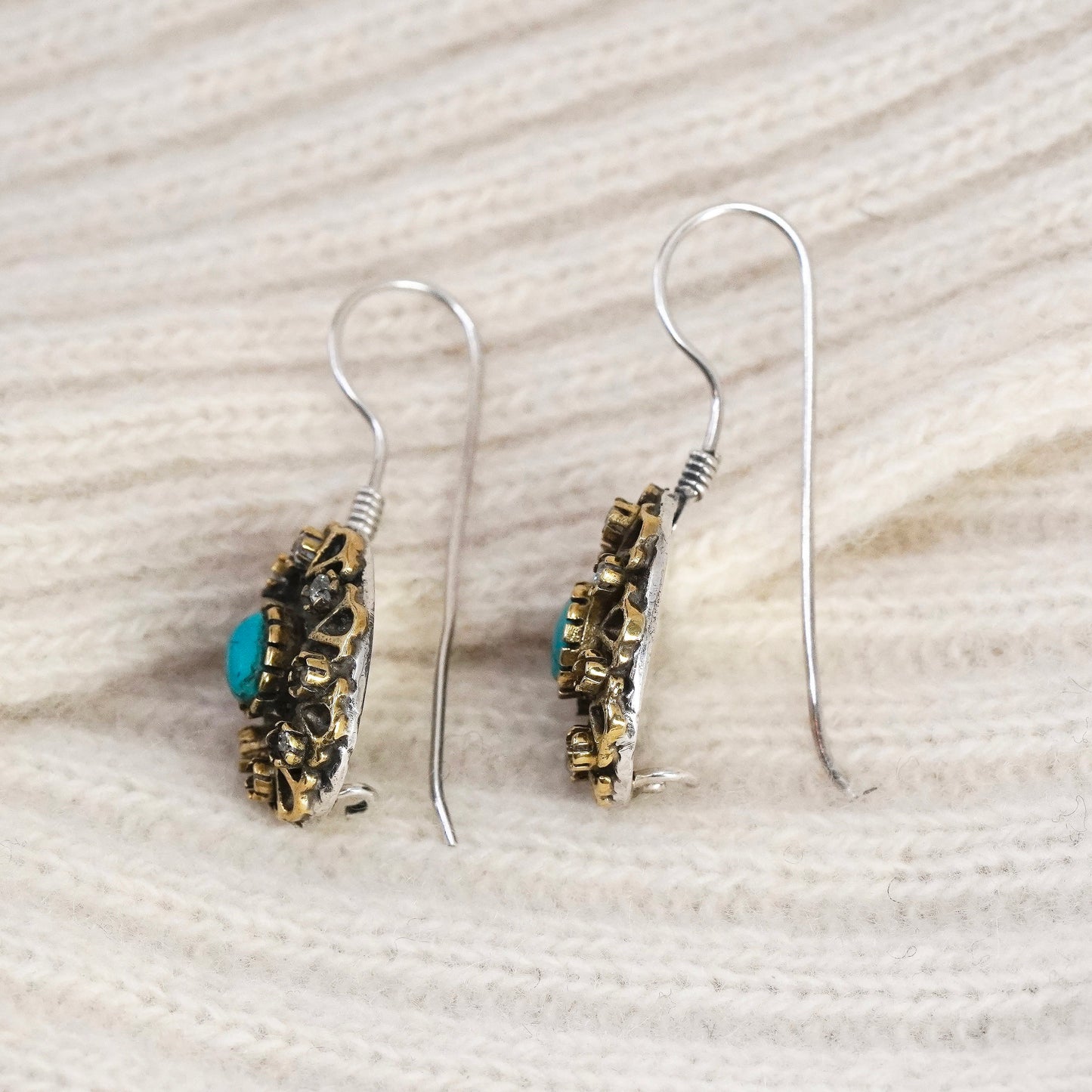 Vintage two tone sterling 925 silver handmade teardrop earrings w/ turquoise cz