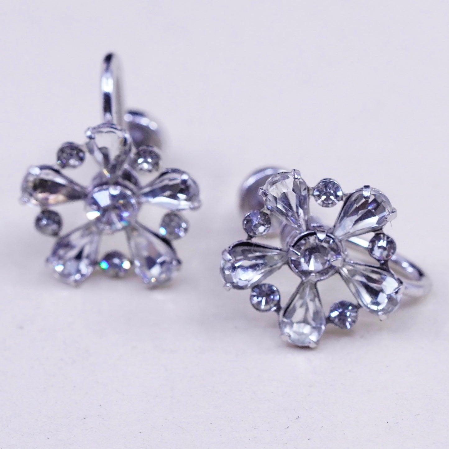 1950s vtg sterling 925 silver earrings flower screw back earrings rhinestone