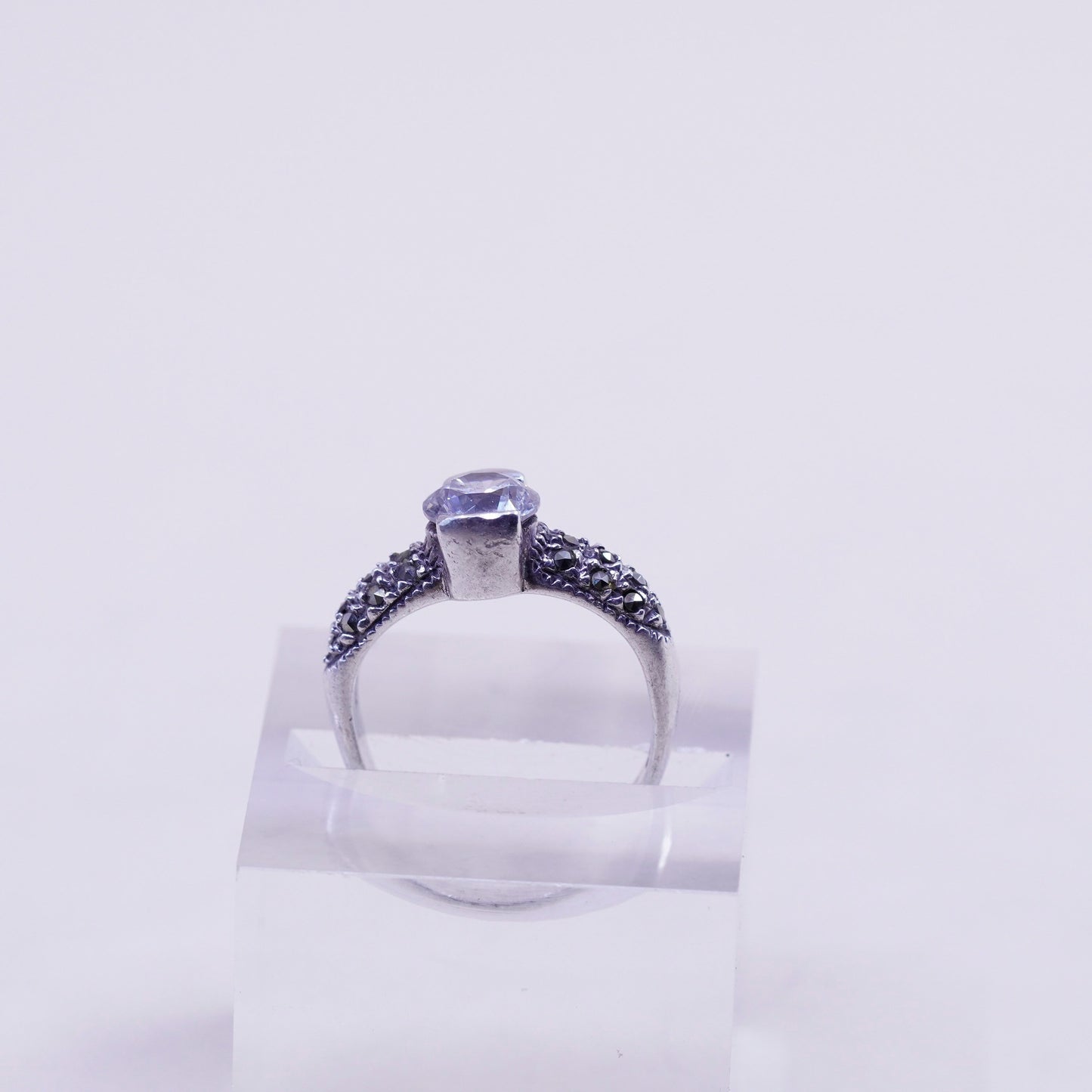 Size 7.5, Sterling silver handmade ring, 925 with CZ and marcasite