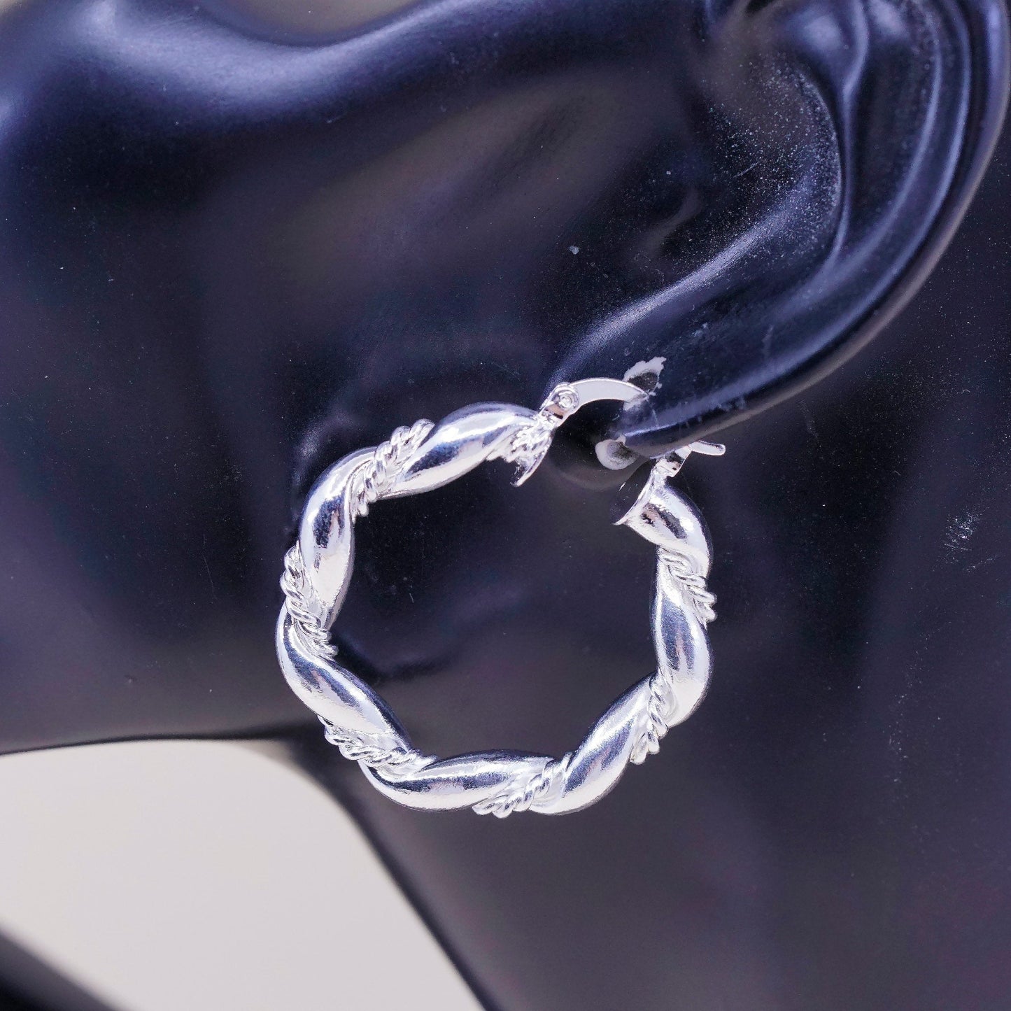1.5”, vtg sterling silver loop earrings, primitive Ribbed twisted hoops, huggie