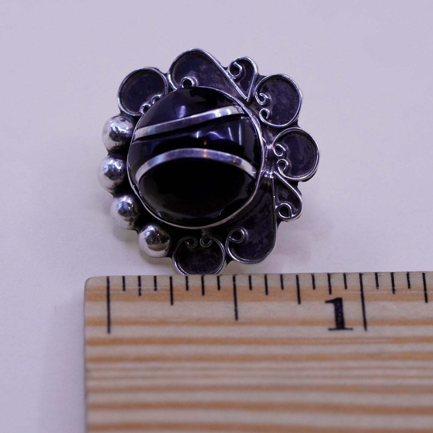 Vintage sterling 925 silver handmade screw back earrings with obsidian inlay