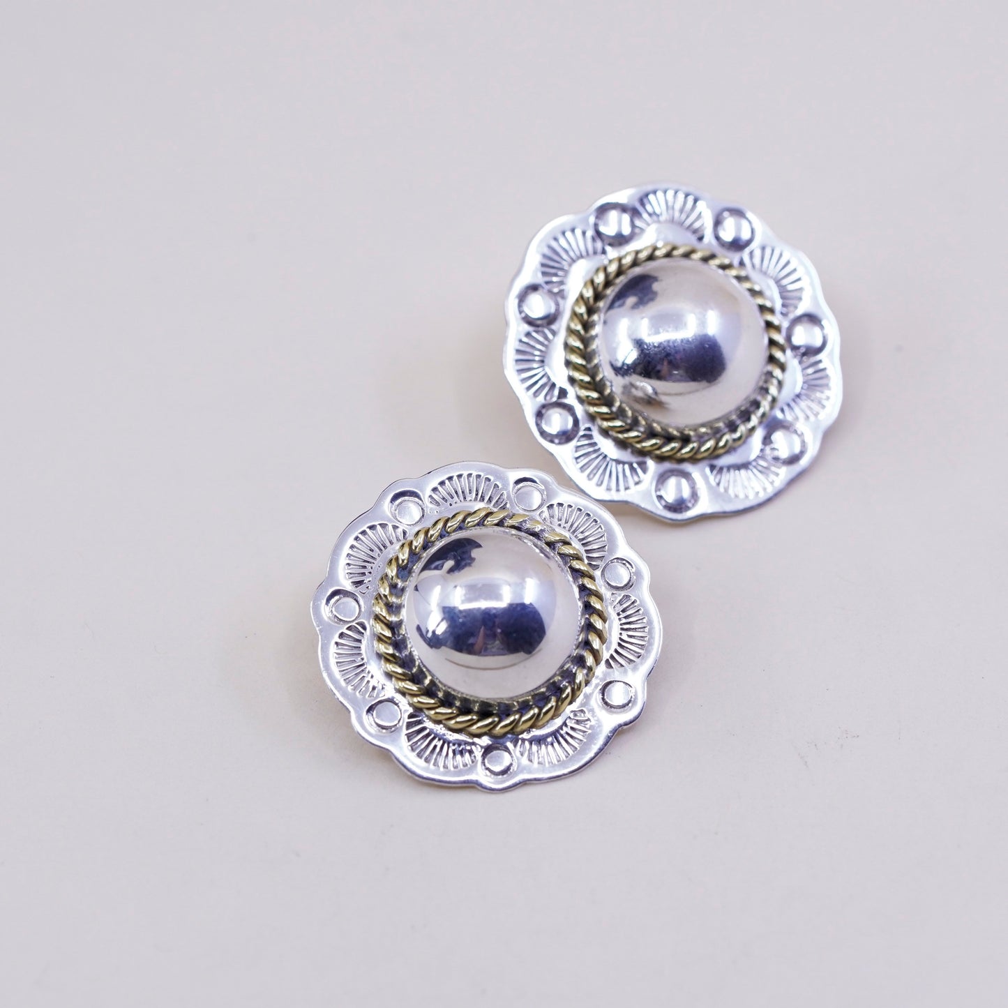Vintage two tone Sterling silver clip on earrings, 925 flower with copper cable