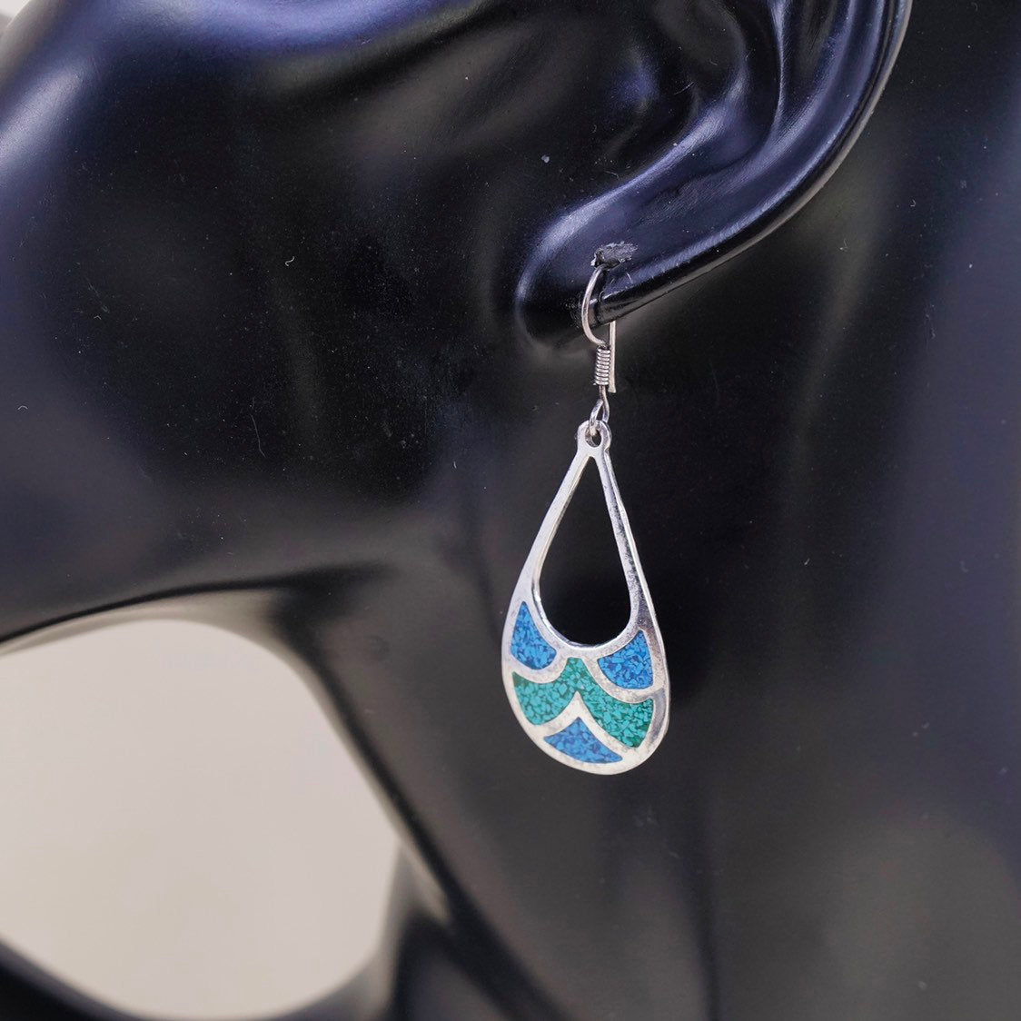 vtg sterling silver handmade earrings, mexico 950 teardrop w/ turquoise