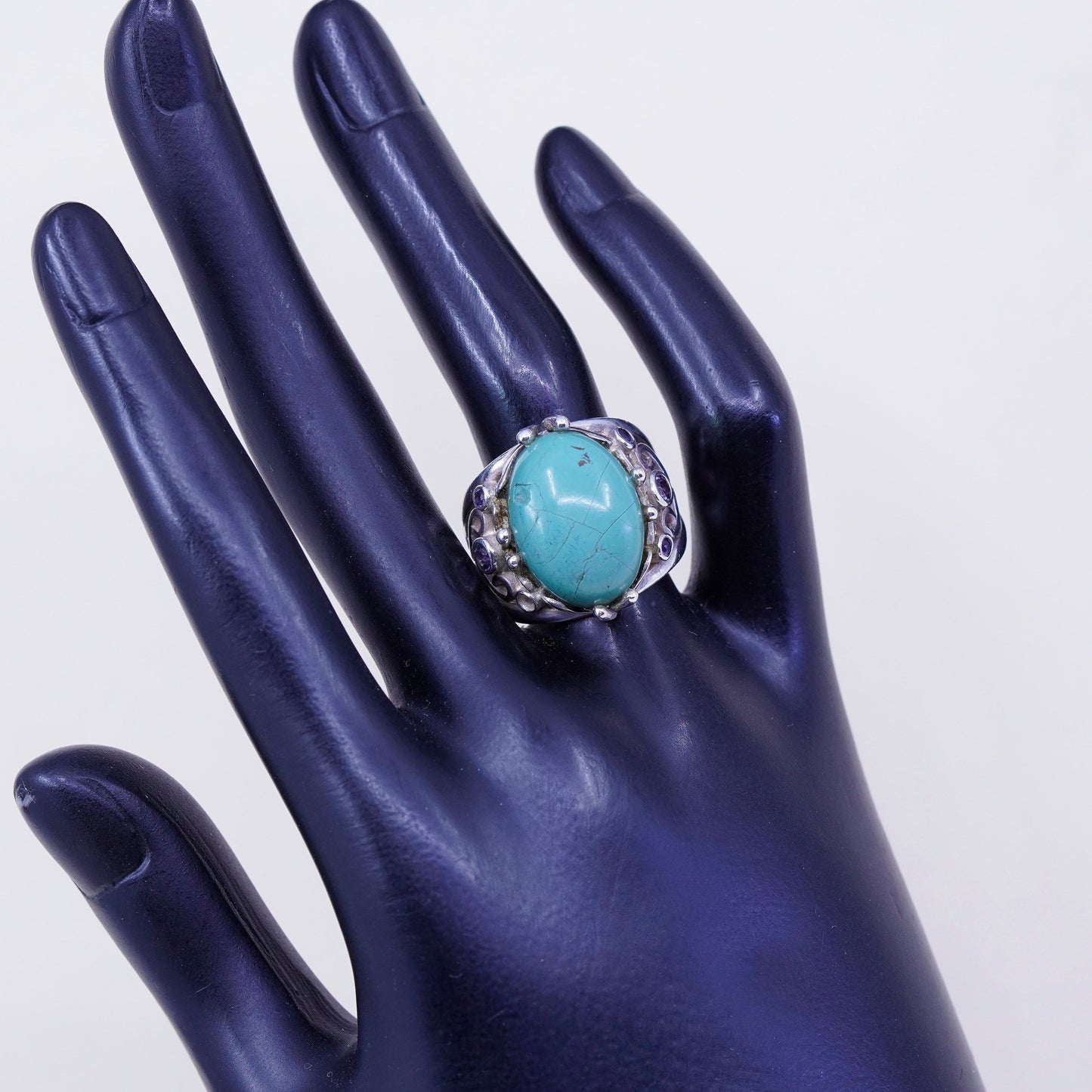 Size 7.25, Vintage sterling 925 silver filigree ring w/ turquoise and amethyst