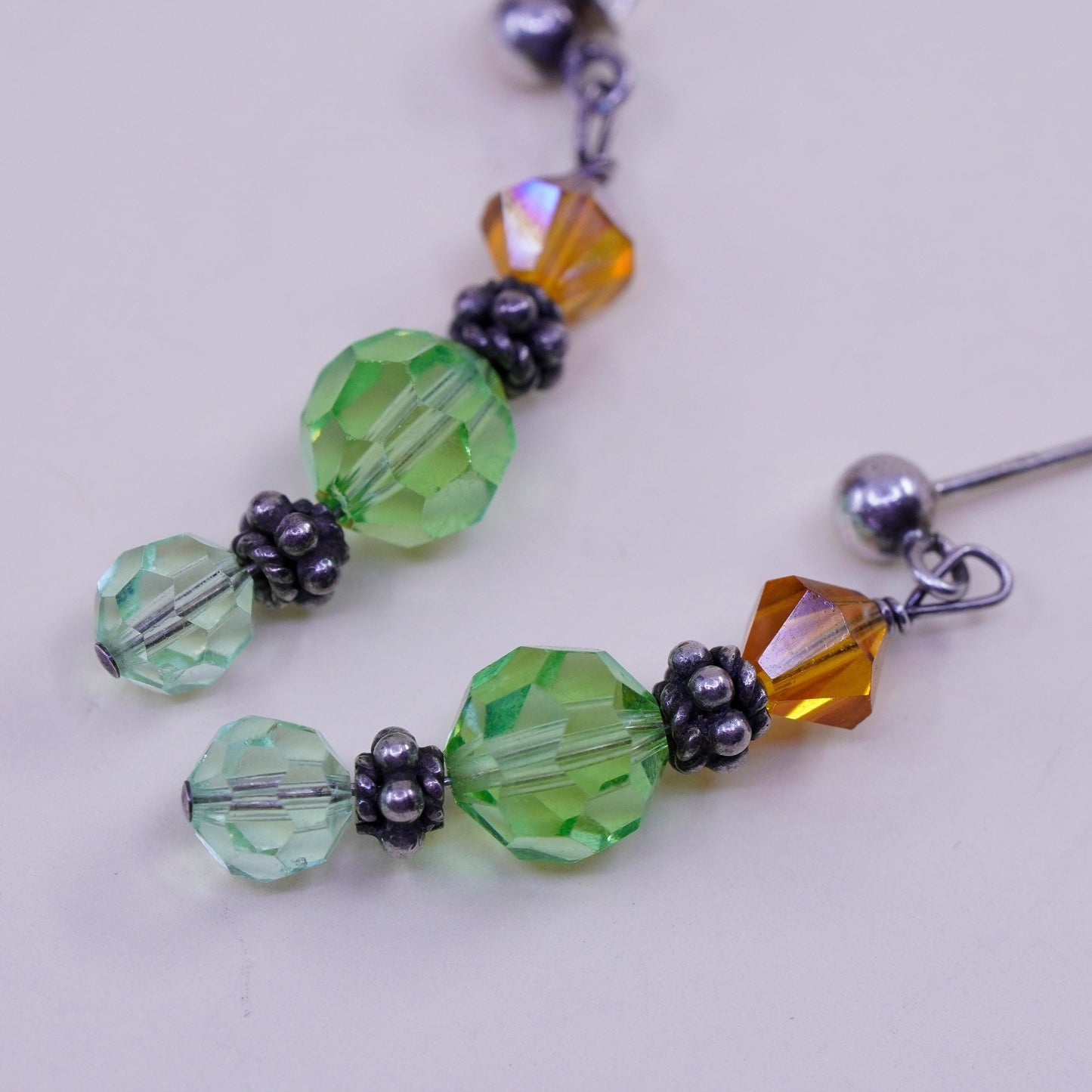 Vintage Sterling silver handmade earrings, 925 posts with green crystal